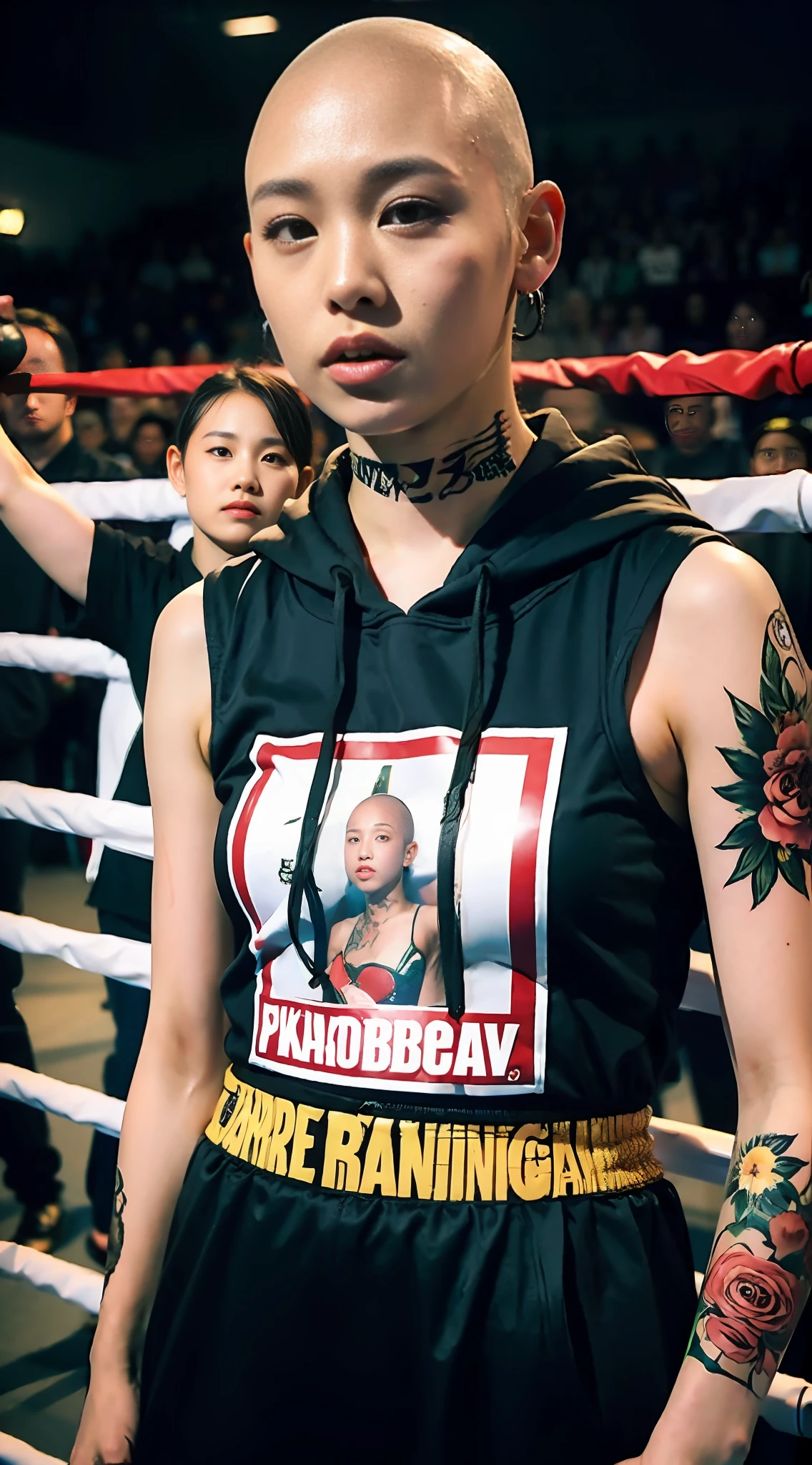 Tattooed on face, skinhead, female rapper, cloak, shaved head, runaway, 18 year old girl boxer in boxing arena