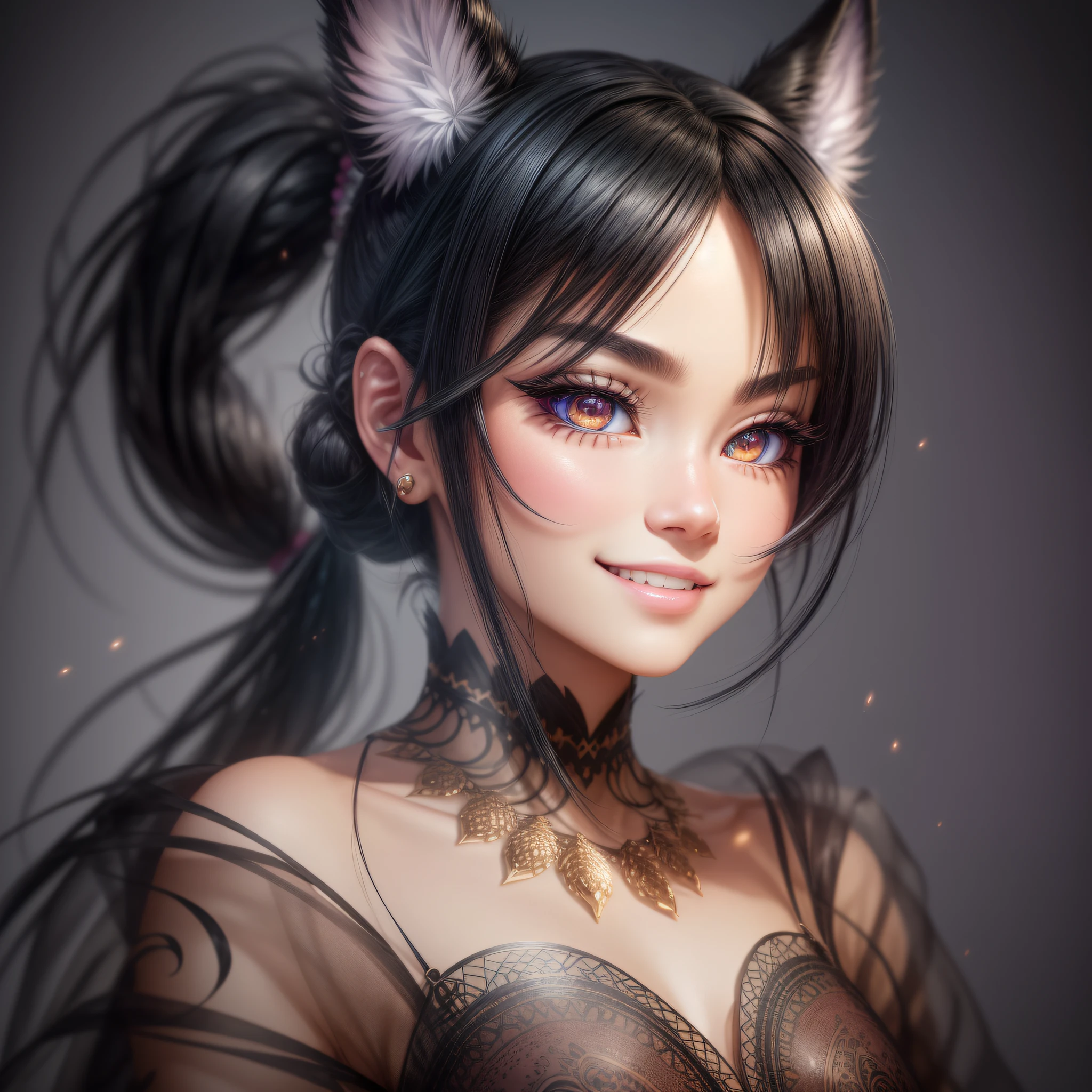 black hair, wince, longeyelashes, fake animal ears, light smile, ear blush, fang, hair bobbles, solid circle eyes, Surrealism, drop shadow, anaglyph, stereogram, tachi-e, pov, atmospheric perspective, super detail, ccurate, best quality, best quality, high details, best quality, highres, high quality, high details, award winning, super detail, anatomically correct, UHD, retina, masterpiece, textured skin, ccurate --auto --s2