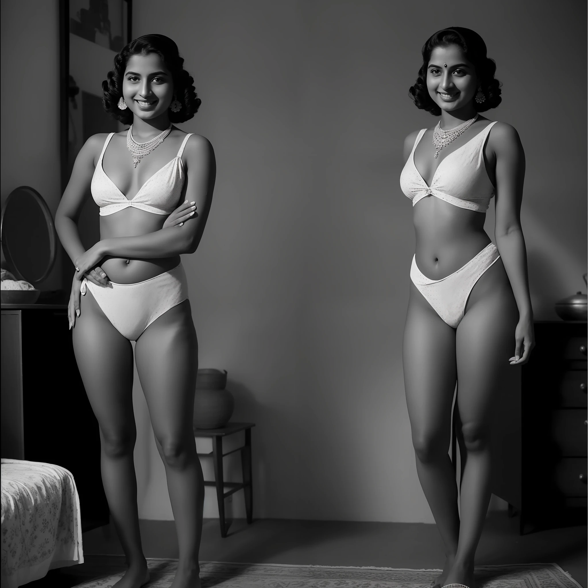 RAW photo,  1940s, Indian clothing of 1940s,1 Indian 25 y o woman standing in bedroom,1940s style photography, black and white image, (high detailed skin:1.2),soft lighting, high quality, film grain, shot by Harrison Marks,vintage photo slide,smiling, visible navel, visible thighs, hourglass figure, ((full body portrait:1.3))