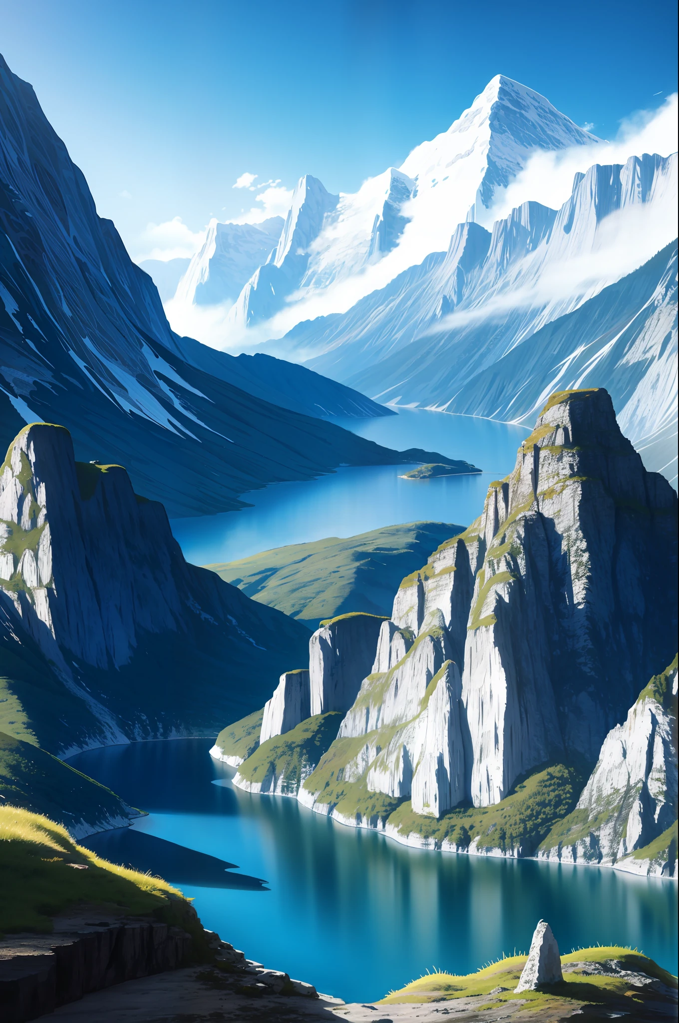 white background, scenery, ink, mountains, water, trees