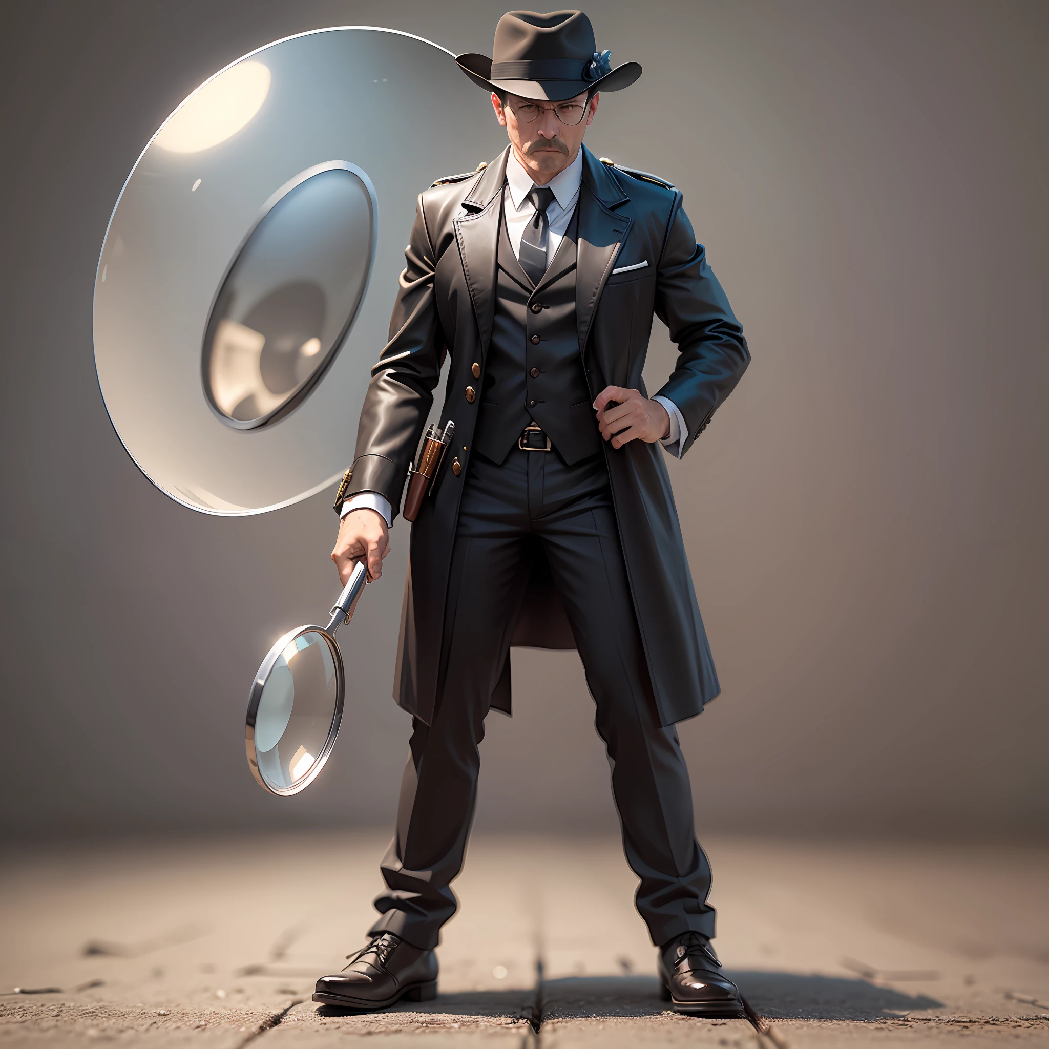 Create for me a realistic image of a detective holding a magnifying glass --auto --s2