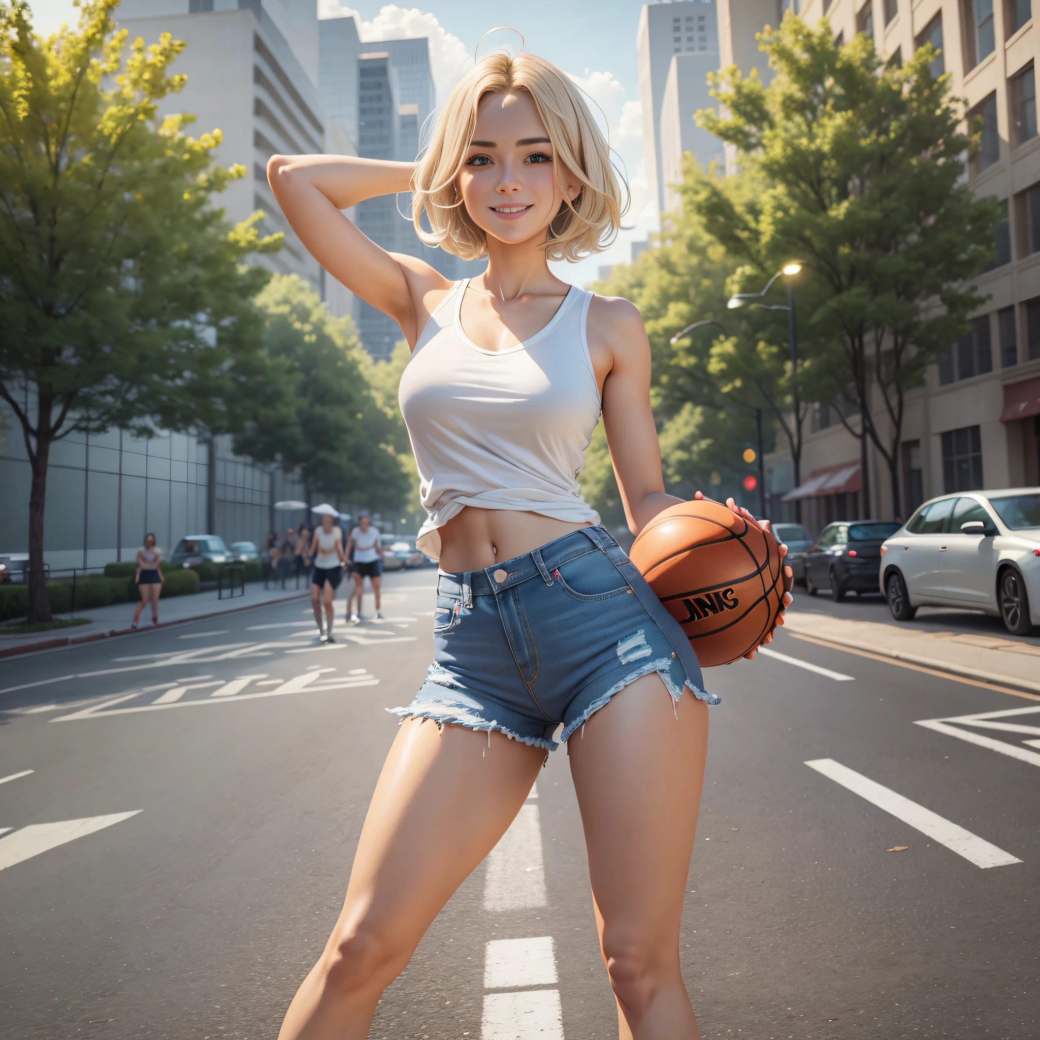 {masterpiece, best quality, extremely detailed CG, unity 8k wallpaper, cinematic lighting}}. design art, 1 girl, full body, A beautiful girl enjoying basketball in the park, She is stunningly cute, with a smile, short bob hairstyle in golden blonde, blue eyes, double eyelids, long eyelashes, long limbs, She is wearing a white tank top, distressed denim shorts, and white low-cut basketball shoes. Striking an active pose.