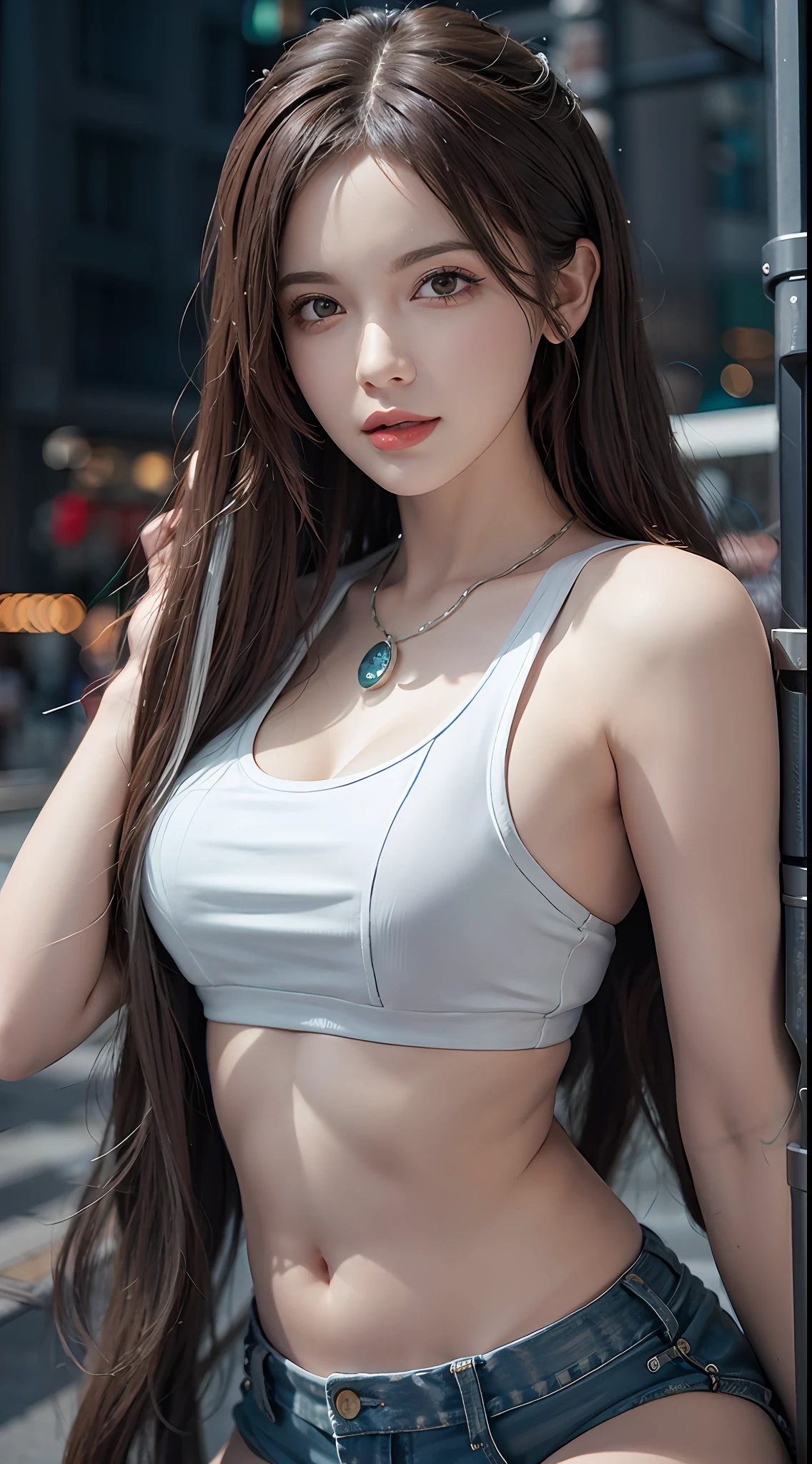 Figures, urban beautiful girl college students, masterpieces, light makeup, red lips, silver hair, messy long hair, street background, beautiful, elegant. Ultra-fine details, master works, real texture, cinematic lighting realism, perfect work, 8k, HD, exquisite facial features, white tight open-cut top, transparent white tight shorts, slim figure, bright big eyes, smooth skin, earrings, necklace, tattoos