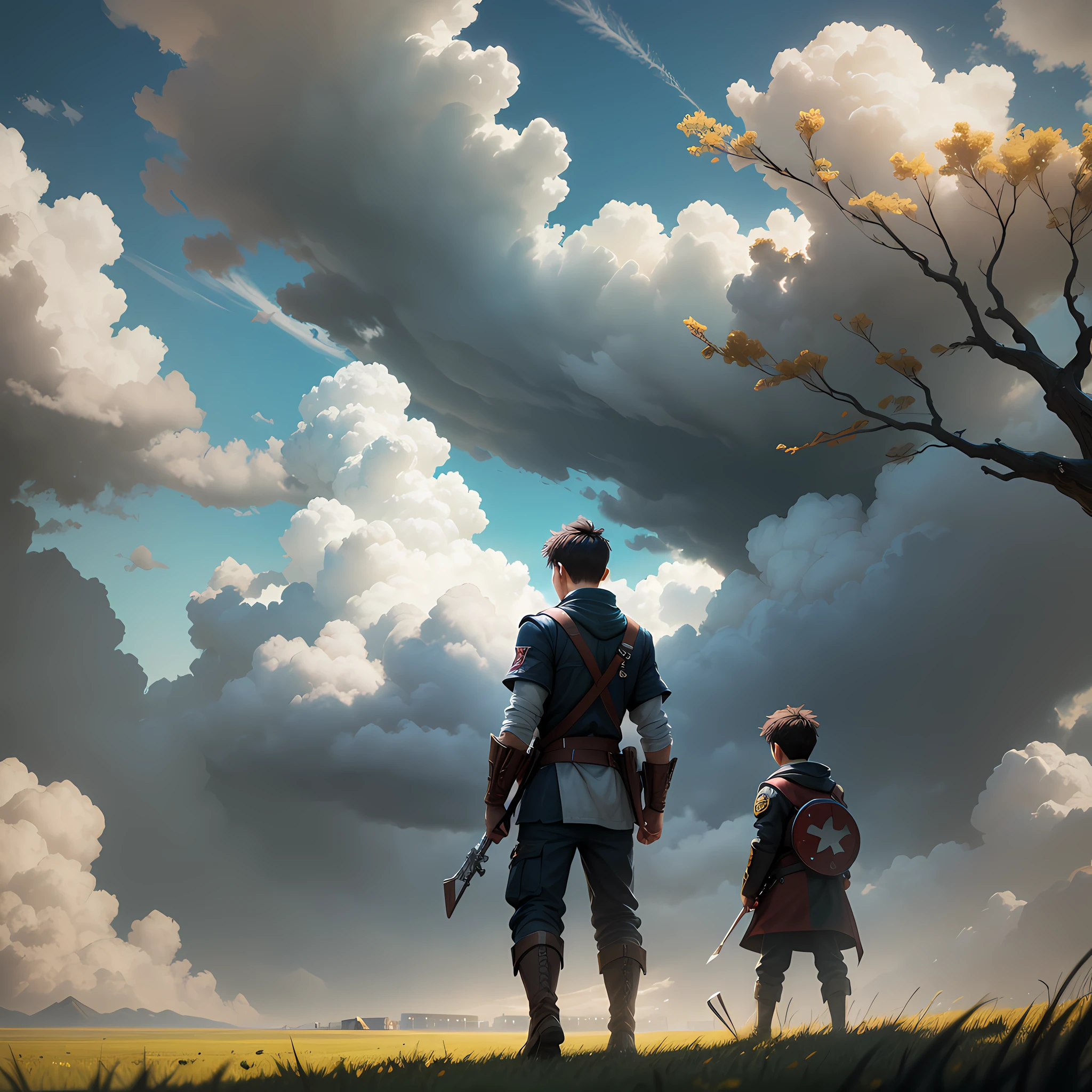 As he walked through the field, the boy noticed something strange happening on the horizon. As he approached, he saw that it was a fight between video game characters. Without a second thought, he grabbed her control and joined the fight. With every move of the controller, he helped change the course of the battle. --auto --s2