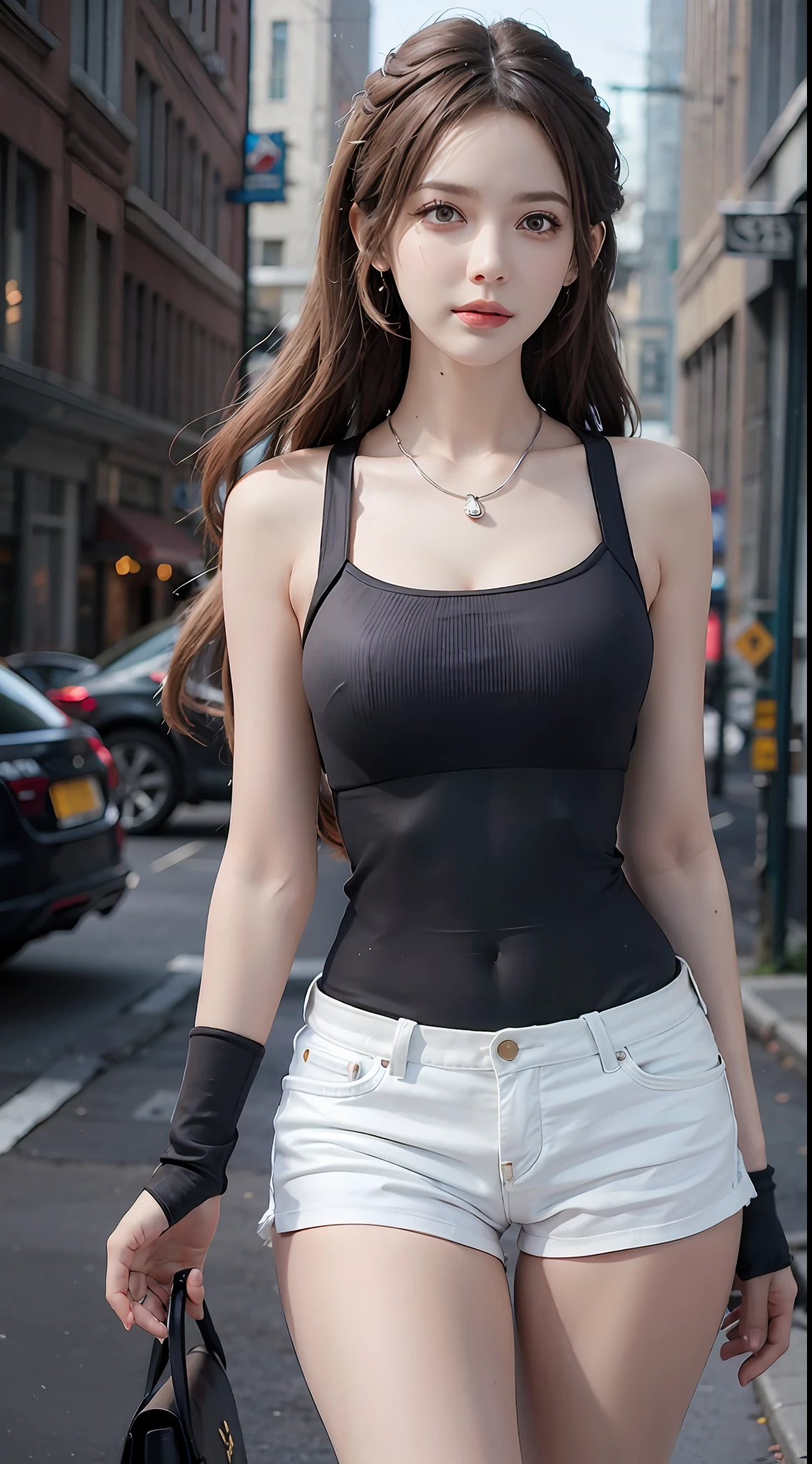 Figures, urban beautiful girl college students, masterpieces, light makeup, red lips, silver hair, messy long hair, street background, beautiful, elegant. Ultra-fine details, master works, real texture, cinematic lighting realism, perfect work, 8k, HD, exquisite facial features, white tight open-cut top, transparent white tight shorts, slim figure, bright big eyes, smooth skin, earrings, necklace, tattoos