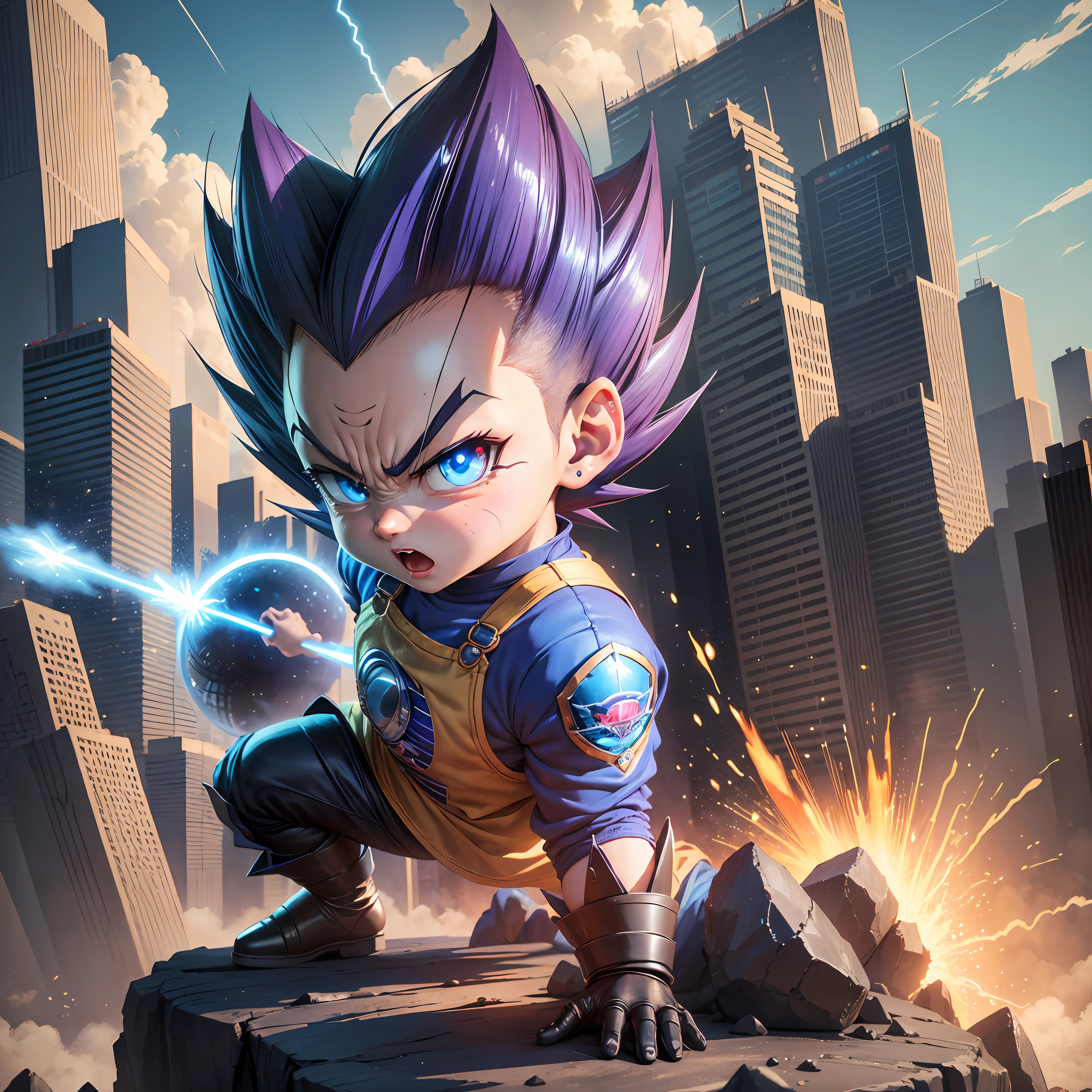 Vegeta)+(Prompt: Chibi)+(Prompt: realista)+(Prompt: high quality)+(Prompt: dynamic pose)+(Prompt: realistic shading)+(Prompt: vibrant colors)+(Prompt: intense expression)+(Prompt: action-packed scene)+(Prompt: explosive energy)+(Prompt: blue aura).