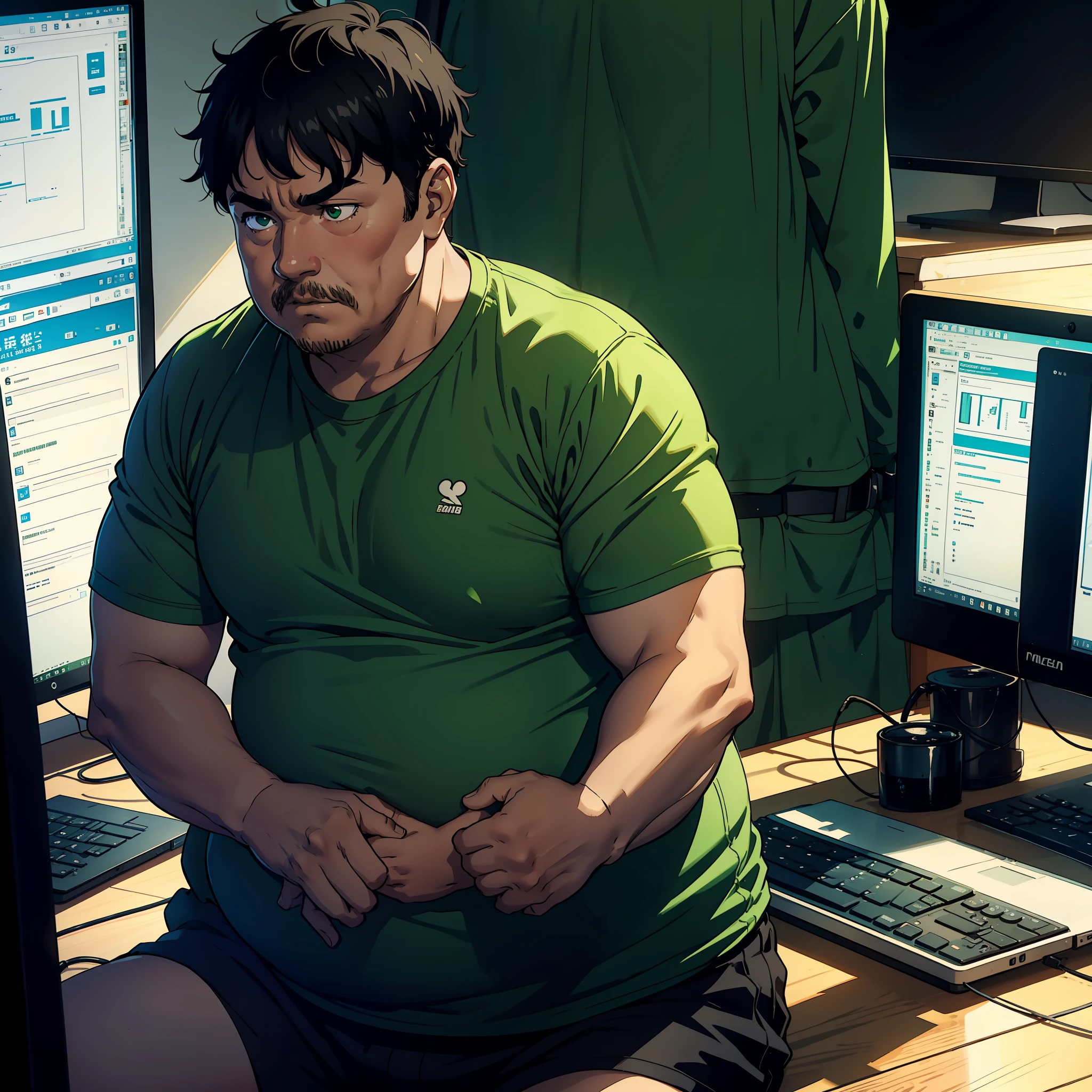 A middle-aged man, green T-shirt, short black hair, (obesity: 1.5), sad, sitting in front of a computer screen, in the room