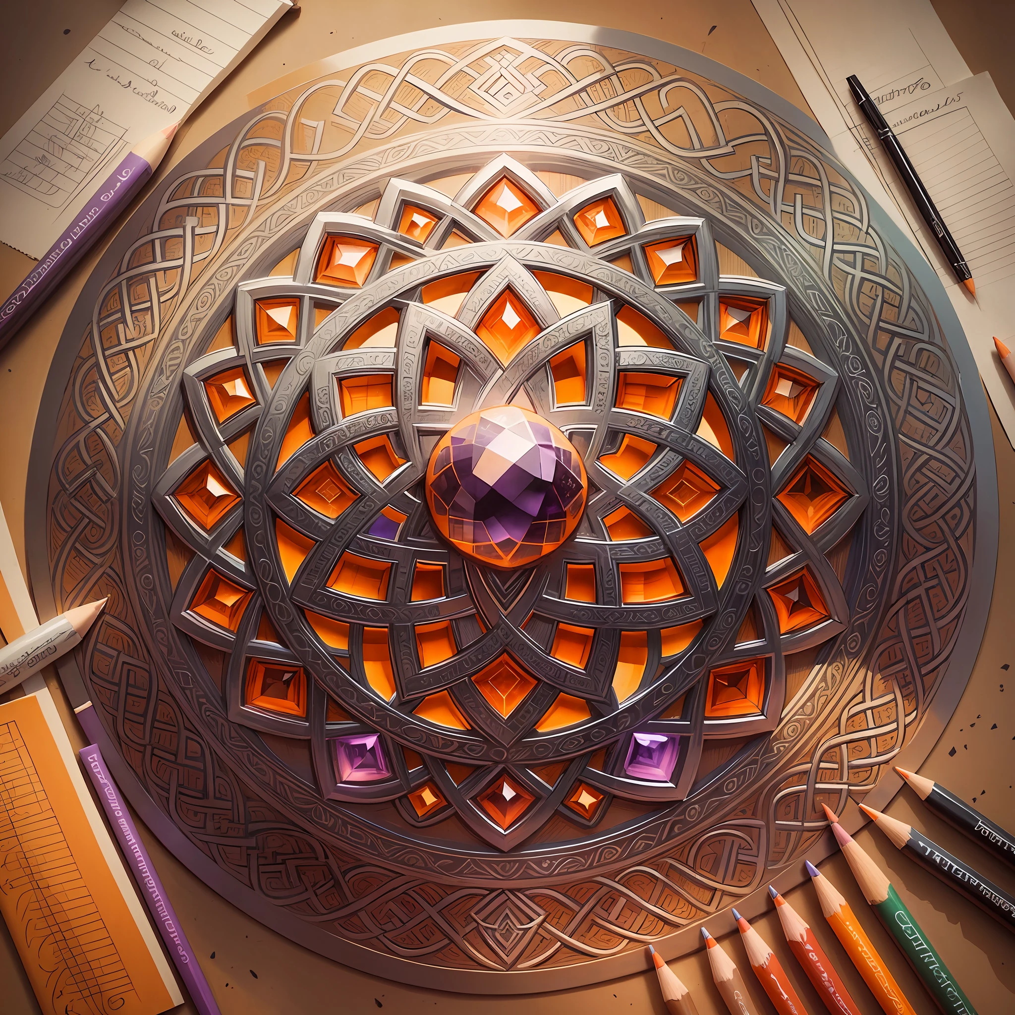 Drawing of Celtic knots with orange gemstones, silver and amethyst in the middle, jewelry design, detailed sketches, amethyst stained glass, complex designs, detailed pencils, detailed fanart, highly detailed sketches, color sketches, intricate detail illustrations, Celtic knots, complex designs, detailed filigree, Celtic art style --auto --s2