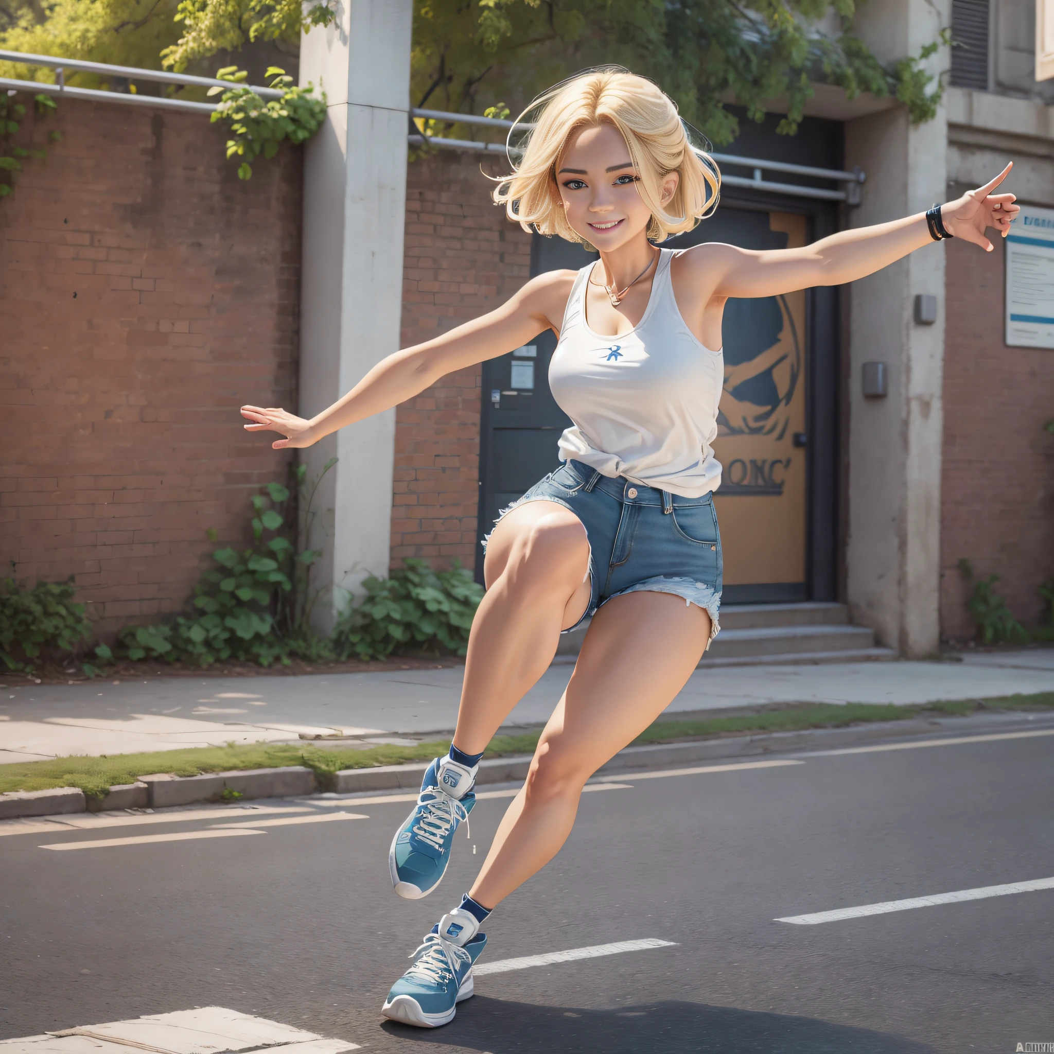 {masterpiece, best quality, extremely detailed CG, unity 8k wallpaper, cinematic lighting}}. design art, 1 girl, full body, A beautiful girl riding a kick scooter in a park. She is stunningly cute, with a smile, short bob hairstyle in golden blonde, blue eyes, double eyelids, long eyelashes, long limbs, She is wearing a white tank top, distressed denim shorts, and white low-cut basketball shoes. Striking an active pose.