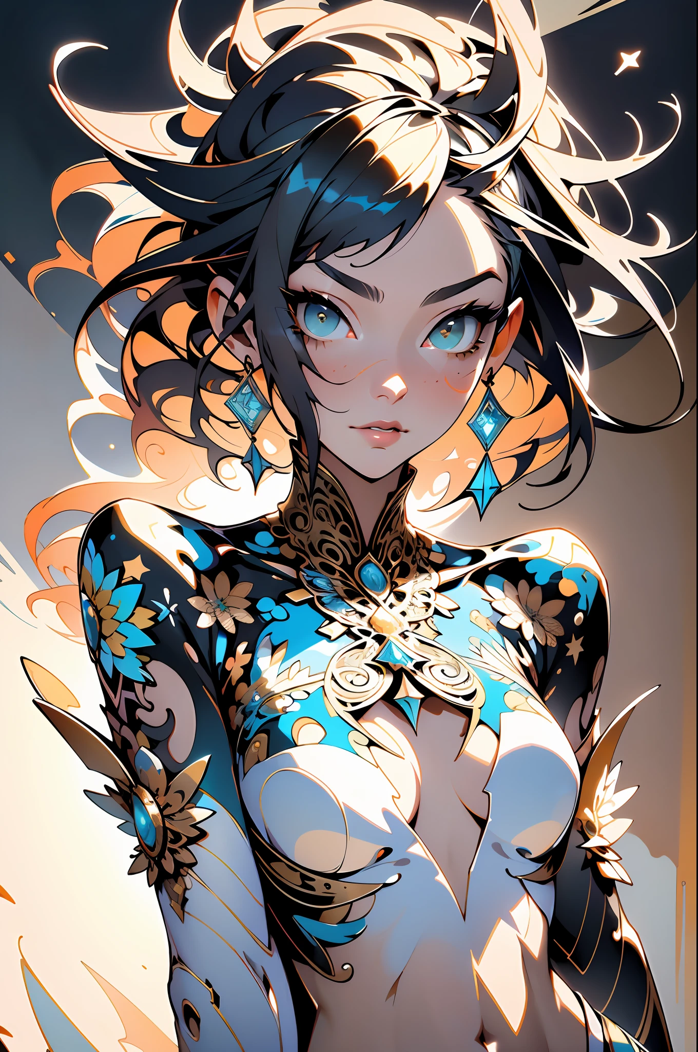 absurd, highres, ultra detailed, (ultra-detailed background, detailed background), extremely detailed, naked warrior woman, naked, naked, body covered put detailed painting, adult woman, perfect adult face, 35 years, (zentangle:1.2), (geometric:1.2), colorful, full body naked, sexy pose, no clothes, dragon tattoo, stars, nude, muscular, perfect body, vietnamese ornaments, colorful