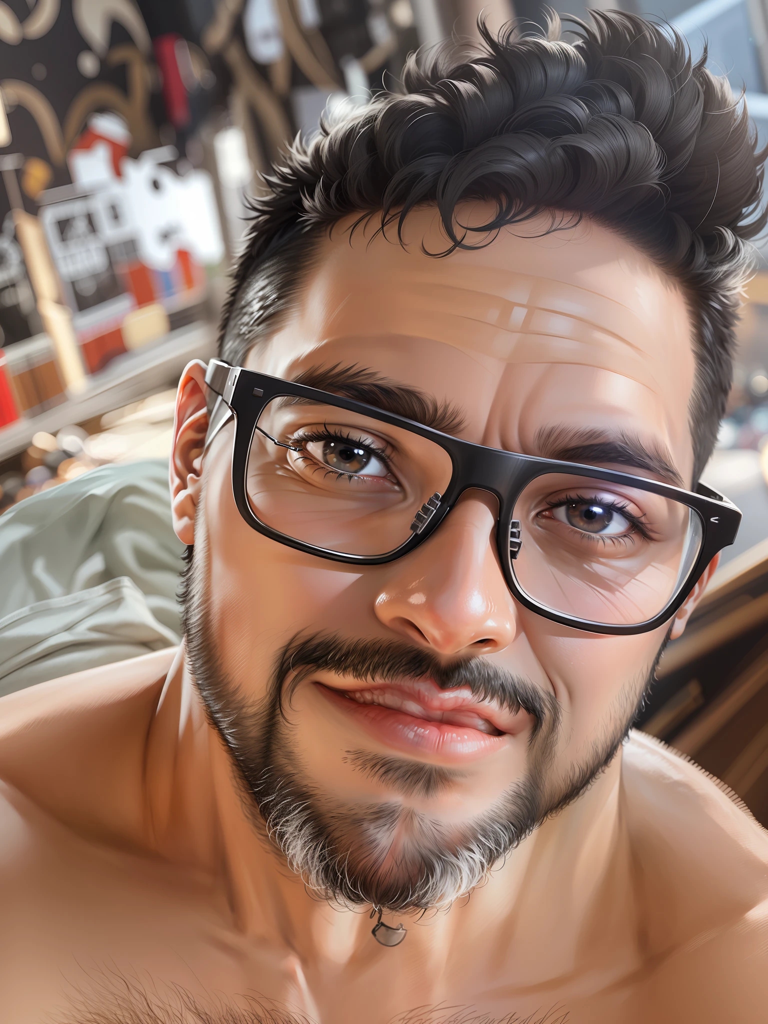 A 30-year-old man (((black eyes))) wearing glasses.