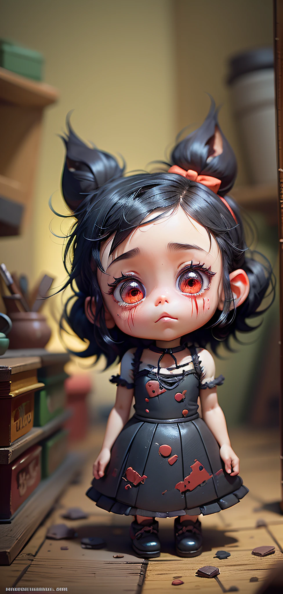 Blurry background, dark background, Horror, Disney, Venellope style Wreck-It Ralph, cute, small, very short, terror, blood --auto --s2