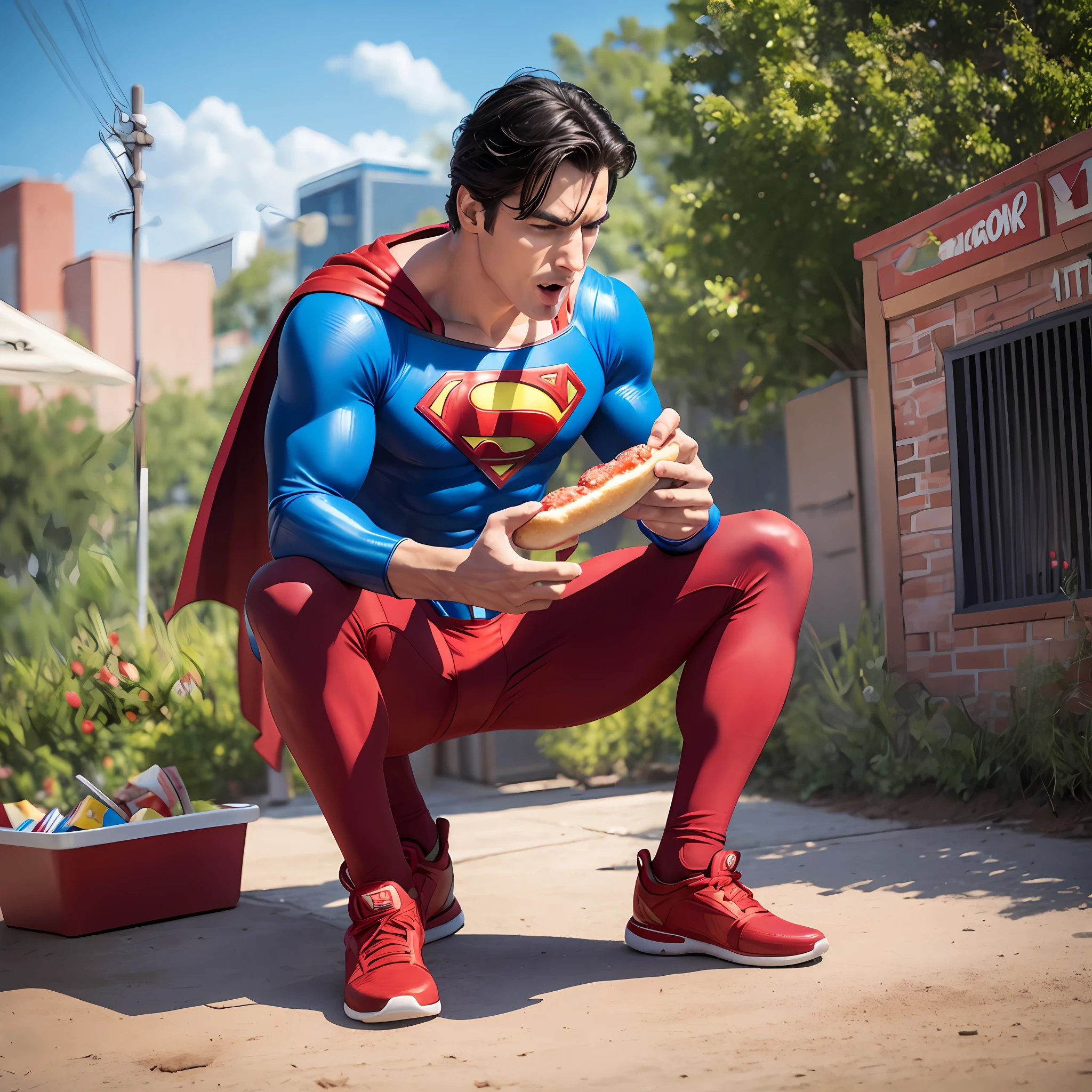 Superman eating hot dog, in Ultra HD, realistic, 12K, TV commercial --auto --s2