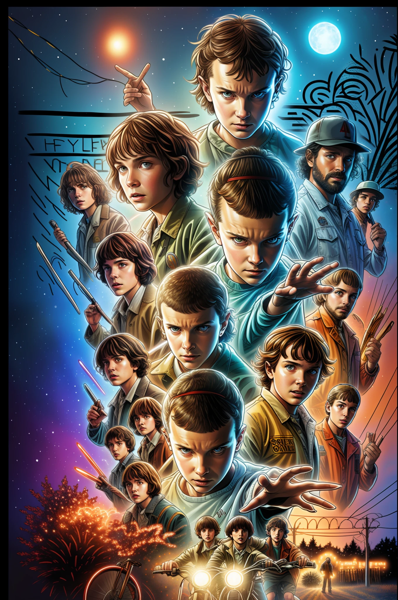 A blend of comic book art and lineart full of natural color, of the stranger things from netflix. the best quality, masterpiece, high-resolution, acrylic painting, trending on Pixiv fan box