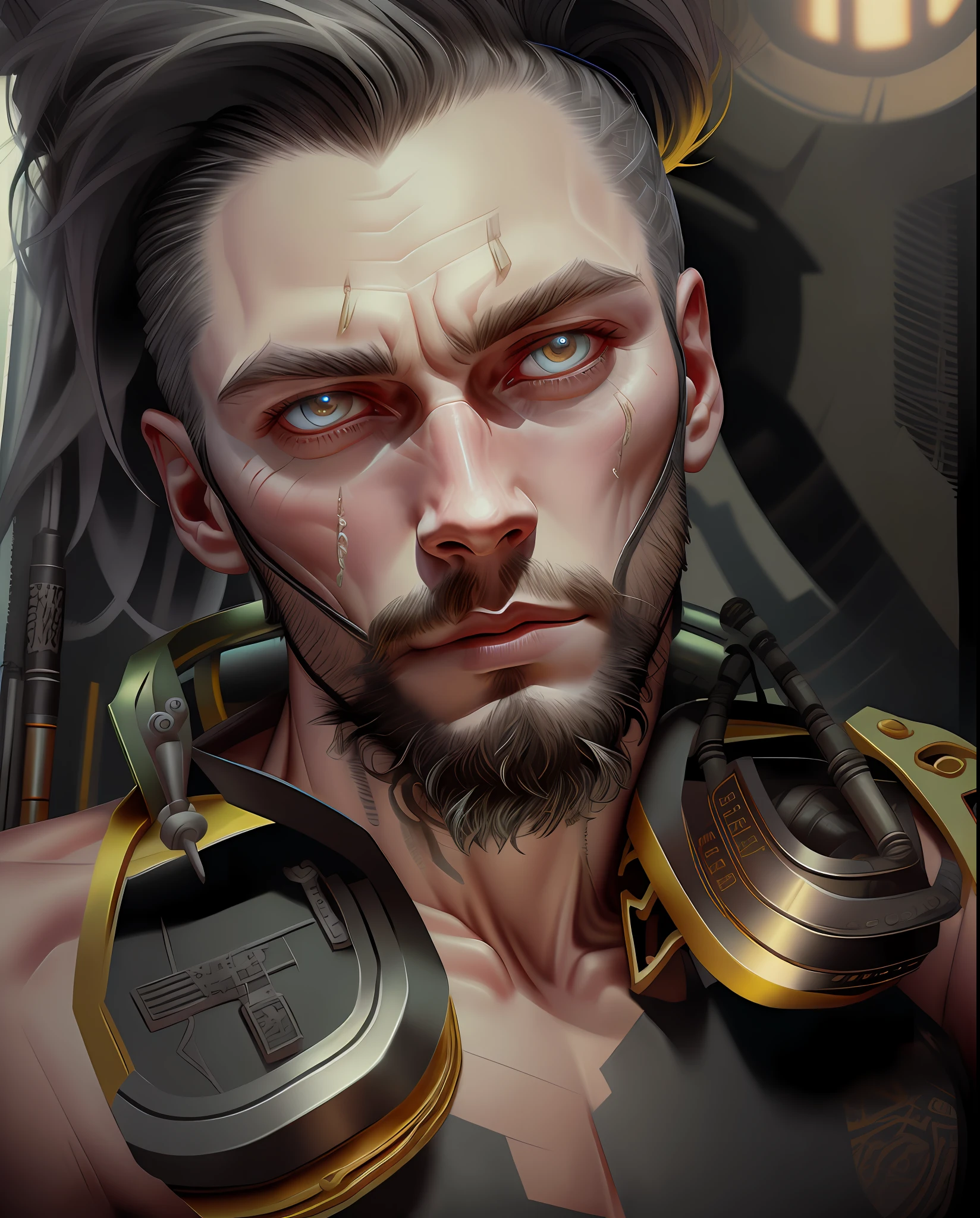 A cybernetic viking man in the range of 27 years old, barbaric muscular stereotype, with Viking wolf fur coat (Viking mechanical parts: 1.5), fighting, bright neon eyes, Nordic hair, tight supersuit torn, in a destroyed city, smoke and fire, aura of brilliant power, dynamic pose, dynamic vision, hyper detailed, quality 8k, with tattoo on the arm,  Clock of thorns on the chest and on the headset, merge, hyper realism, with thorns crest viking.Com gray goatee and gray hair, blood dripping down the face. Neo bright, neo lights on the phone, scar on the face