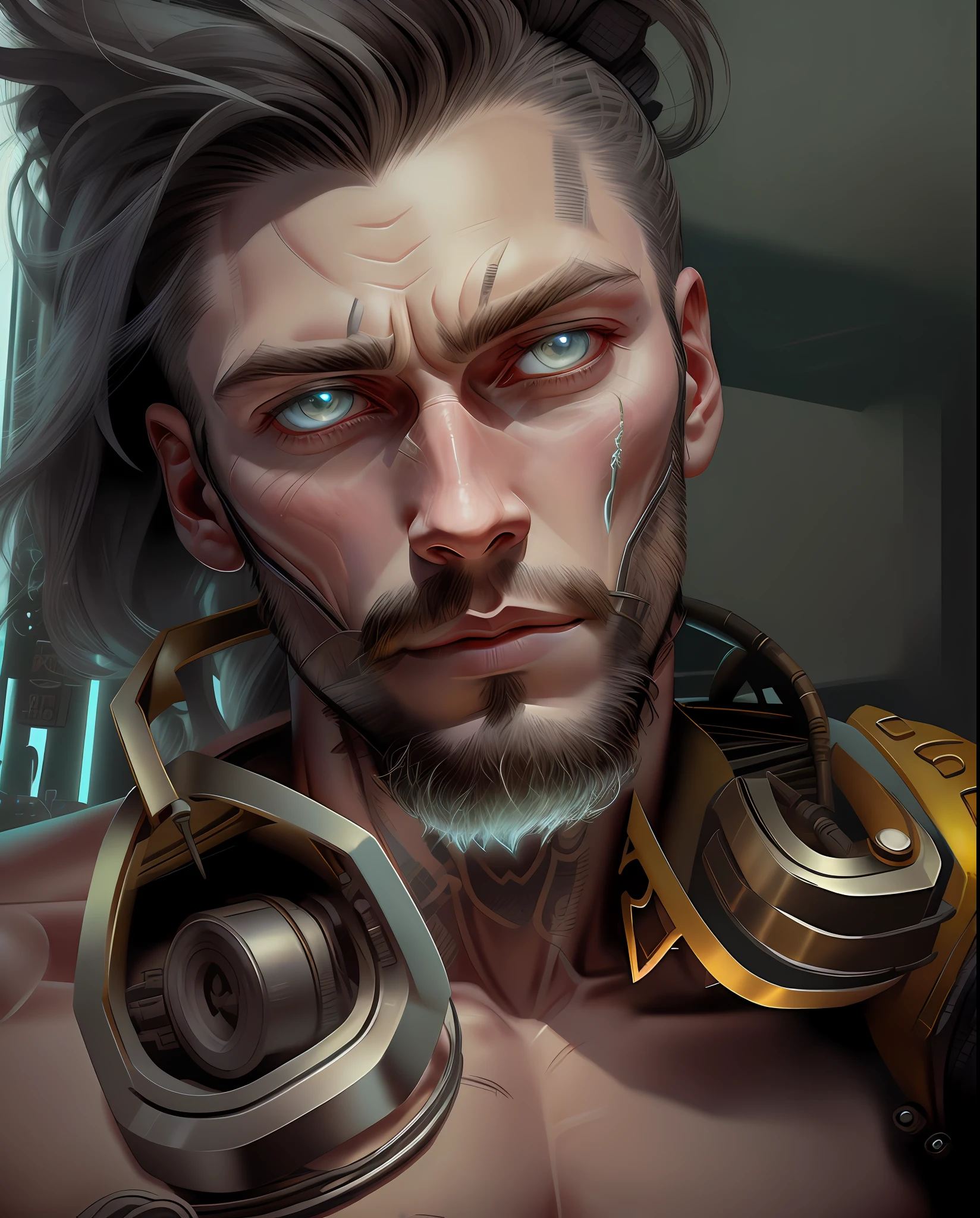A cybernetic viking man in the range of 27 years old, barbaric muscular stereotype, with Viking wolf fur coat (Viking mechanical parts: 1.5), fighting, bright neon eyes, Nordic hair, tight supersuit torn, in a destroyed city, smoke and fire, aura of brilliant power, dynamic pose, dynamic vision, hyper detailed, quality 8k, with tattoo on the arm, Clock of thorns on the chest and on the headset, merge, hyper realism, with thorns crest viking.Com gray goatee and gray hair, blood dripping down the face. Neo bright, neo lights on the phone, scar on the face