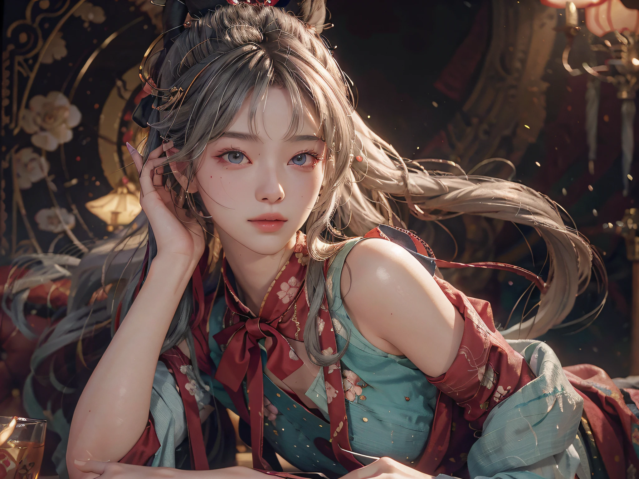 (RAW Photo, Best Quality), (Realistic, Photorealistic Real: 1.3), Best Quality, Highly Detailed, Masterpiece, Ultra Detailed, Illustration, 1 Girl, upper_body, Dynamic Angle, World Mastery Theater, messy_long_hair, Best Quality, Extremely Detailed CG Uniform 8k Wallpaper, Ink, Amazing, Sexy, Peach Blossom Eyes, Gray Hair, Smile, Movie Lights, lens_flare, dunhuang_style