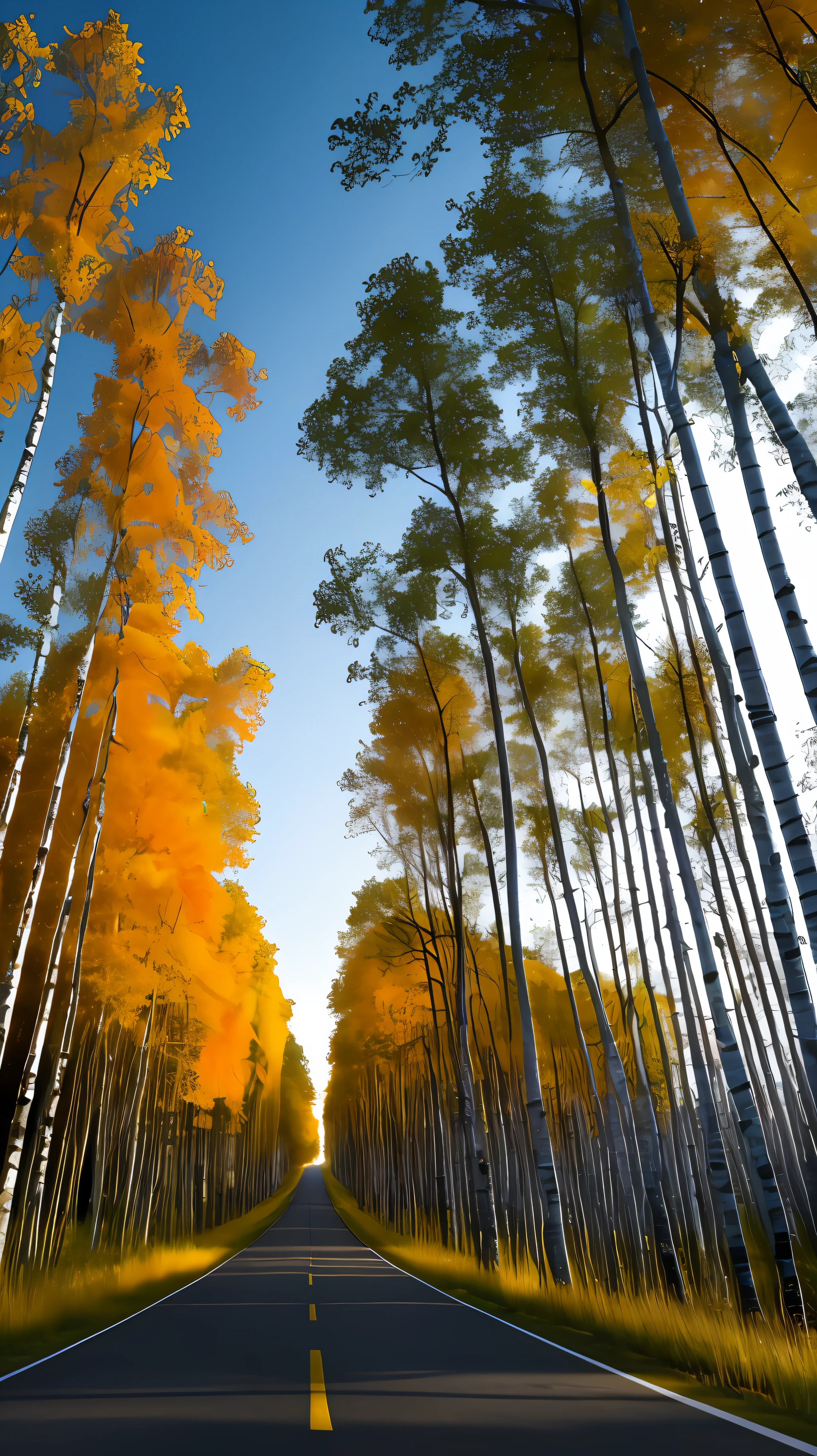 Wallpaper 9:16, high quality, ultra detail, dawn, road through birch forest, rainbow colors