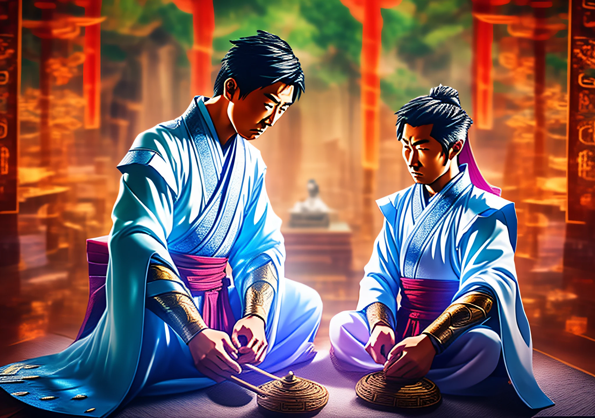 Master Wu telling the story to young Li. A scene in which Master Wu is sitting, with a serene expression, while young Li listens attentively to his words, creating an atmosphere of wisdom and transmitted teachings.