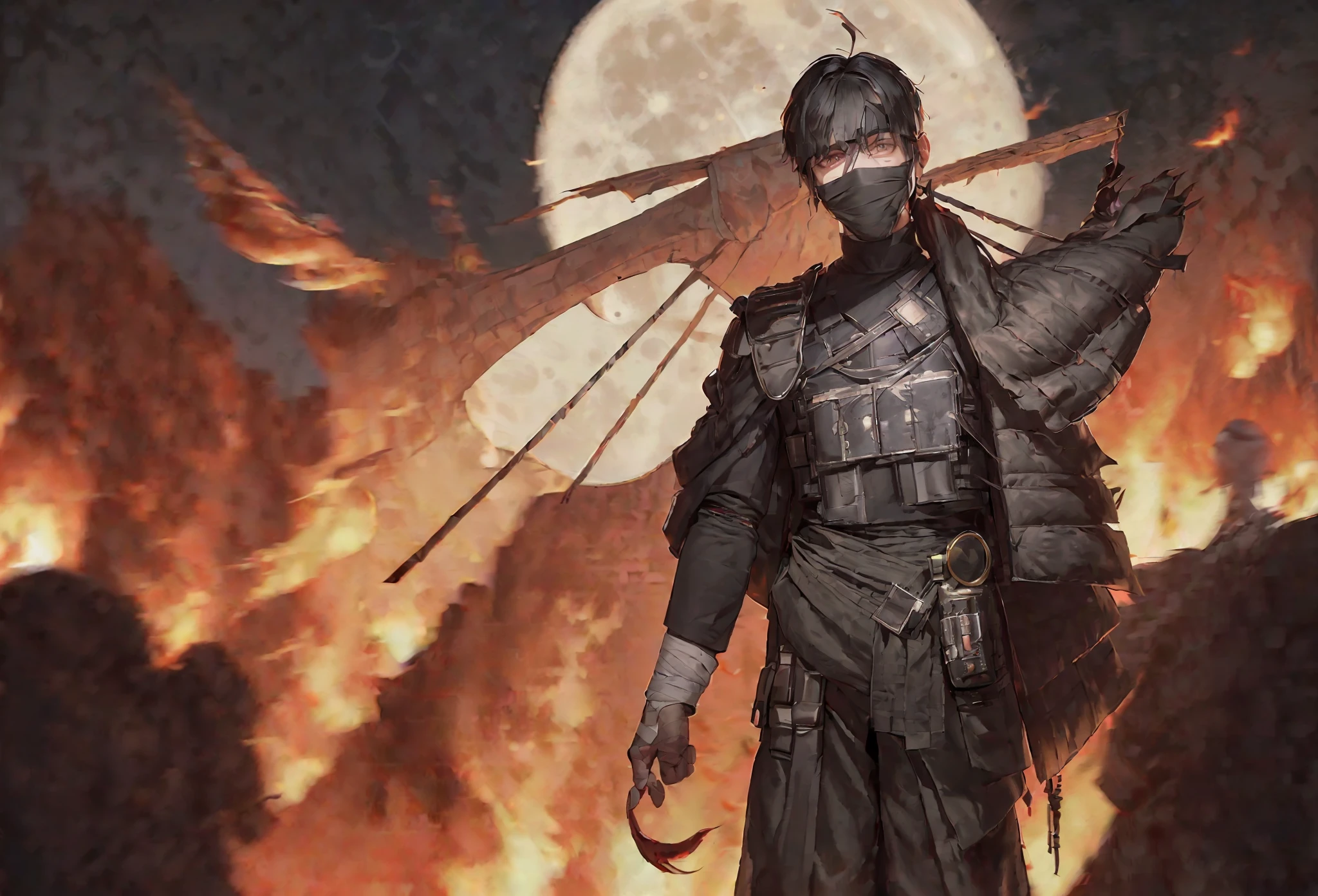 ((male))1 boy, solo:1.5), (masterpiece, excellent quality, extremely detailed:1.6), (wide pants, bulletproof vest:1.5), (fire around), (short black hair falling in locks), (bandaged face, crazy smile, moon on the back, blurred back:1.5), (black hair), (full body:1.5), (fire:1.5), (blood on his face:1.6), (standing looking at camera:1.6),