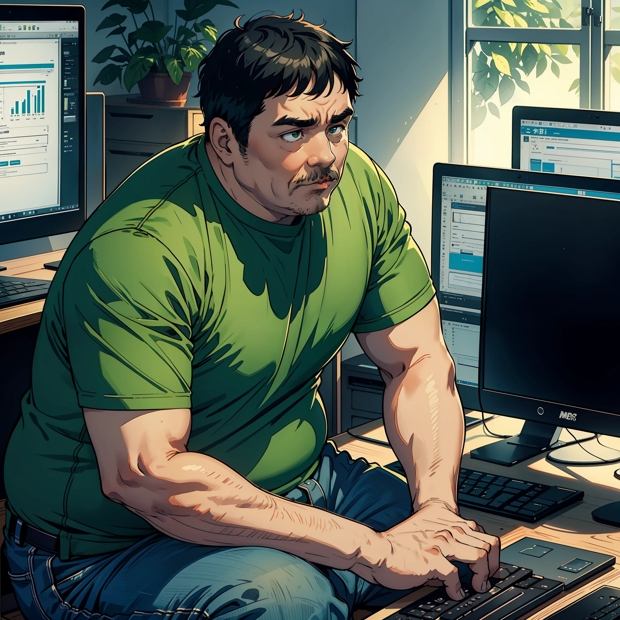 A middle-aged man, green T-shirt, short black hair, (obesity: 1.5), sad, sitting in front of a computer screen, directly opposite, in the room