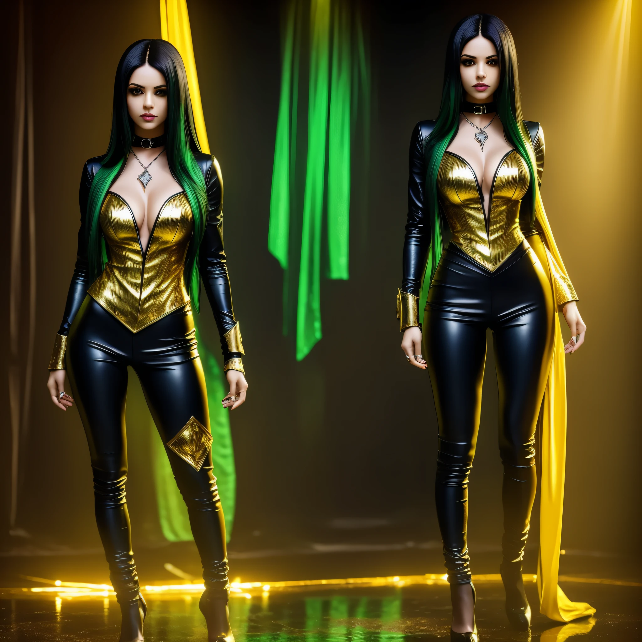 a woman alone, straight black hair, body interiro in the image, posing for photo, a woman, full body, green hair, gothic style clothes,leather pants, details, silver, gold, diamond necklace (yellow hero outfit with blue details)