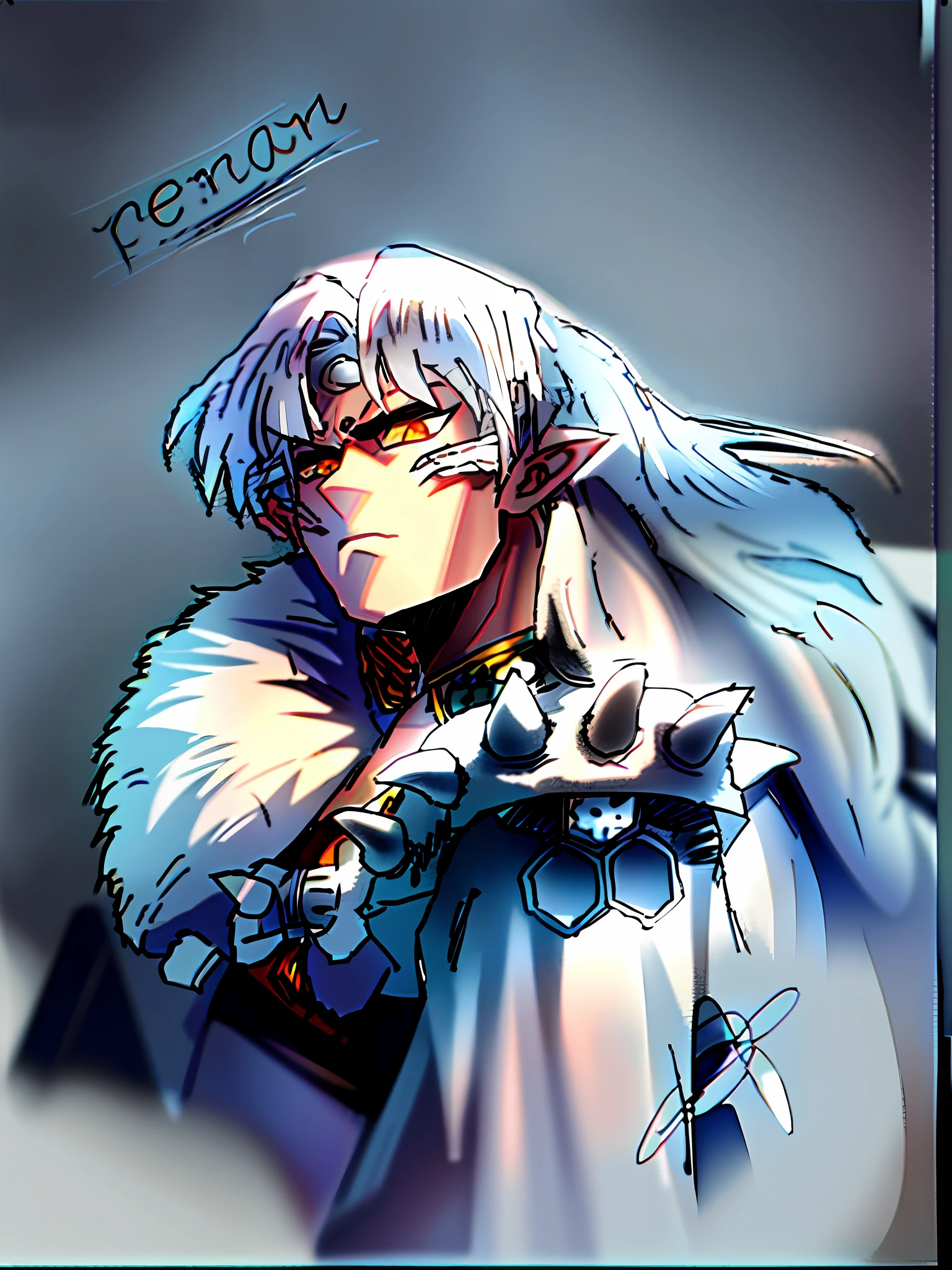 sketches of a drawing of a man with a furry coat, berserk, berserk art style, white hair, light skin, colorful clothing, anime inuyasha, anime style