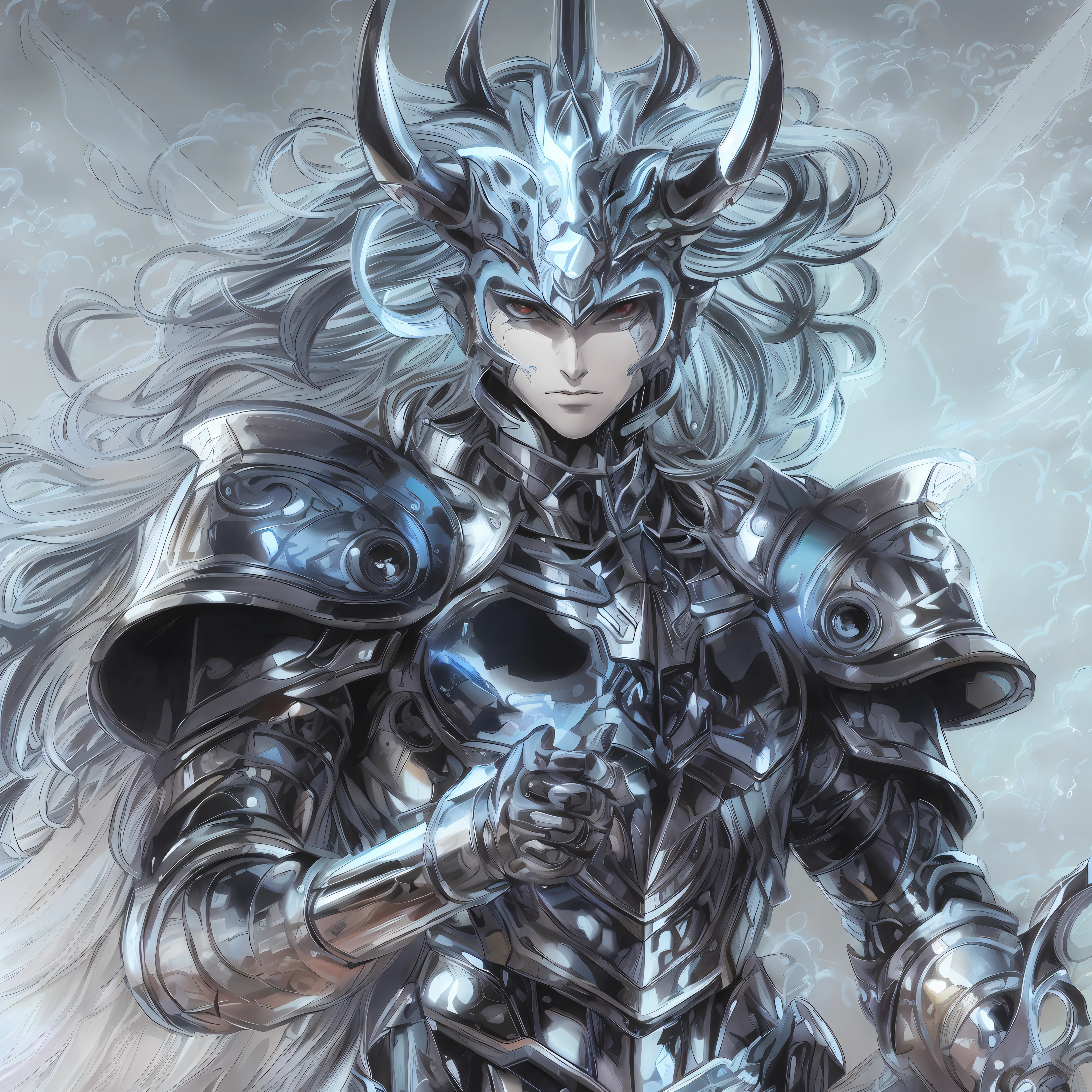 a drawing of a man with an armor, Hyoga, bastien yoshitaka amano, inspired by Yoshitaka Amano, knights of the zodiac, yoshitaka amano, white armor with blue, portrait knights of the zodiac, Hyoga saint seiya, yoshitaka amano style, yoshitaka amano greg rutkowski