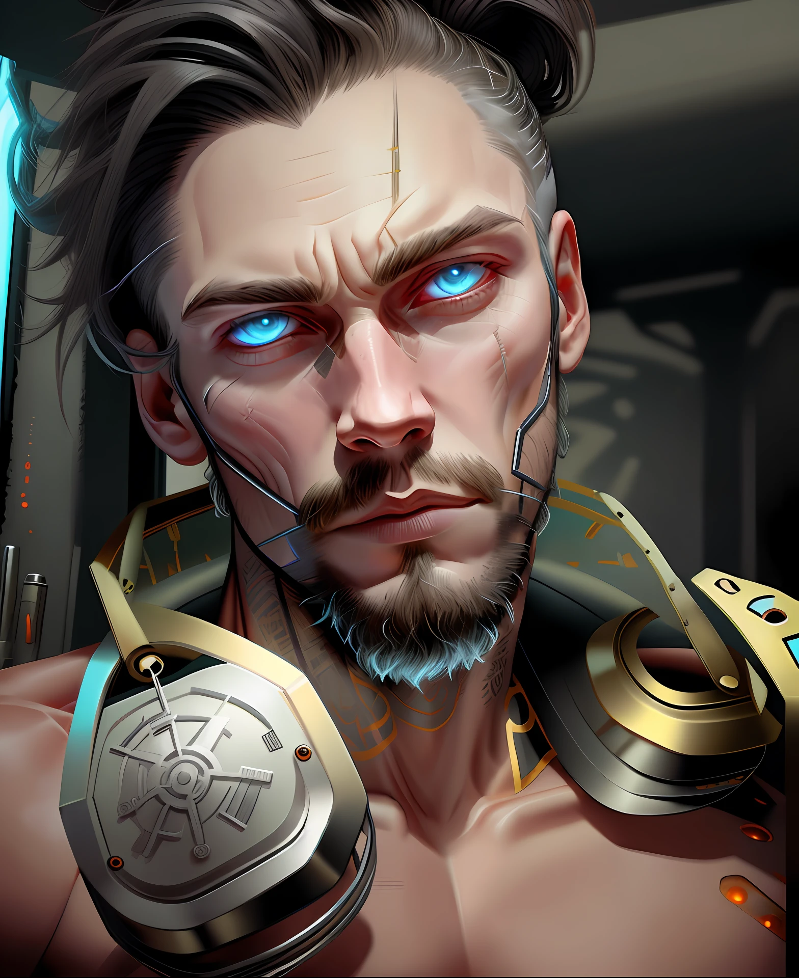 A cybernetic viking god in the range of 27 years old, muscular stereotype Norse god, with Viking wolf fur coat (Viking mechanical parts: 1.5), fighting, bright neon eyes, Nordic hair, tight supersuit torn, in a destroyed city, smoke and fire, aura of brilliant power, dynamic pose, dynamic vision, hyper detailed, 8k quality, with tattoos, Clock of thorns on the chest and earpiece, hyper realism, with thorns crest viking.Com gray goatee and gray hair, blood dripping down his face. Neo bright, neo lights on the phone, scars on the face