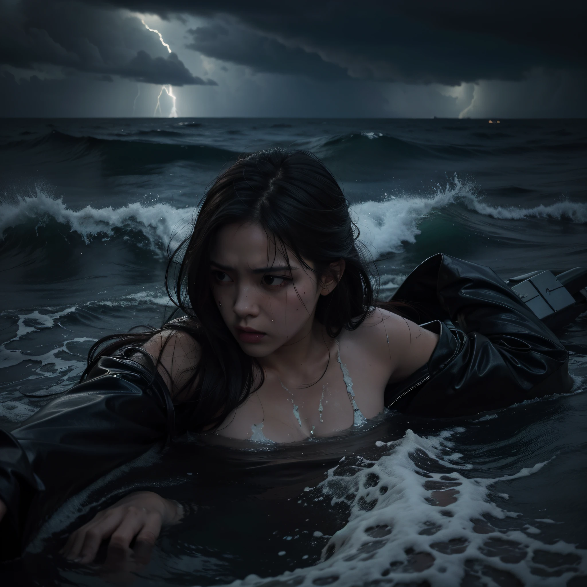 closeup shot of a woman drowning in the sea, shipwreck, dead bodies floating near her, a storm in the background, dark and moody environment, gasping for air, desperation,fear, anguish

  ultra hd., a professional movie photograph of, best quality, high quality, highres, highly detailed, cinematic lighting
((Realistic style))