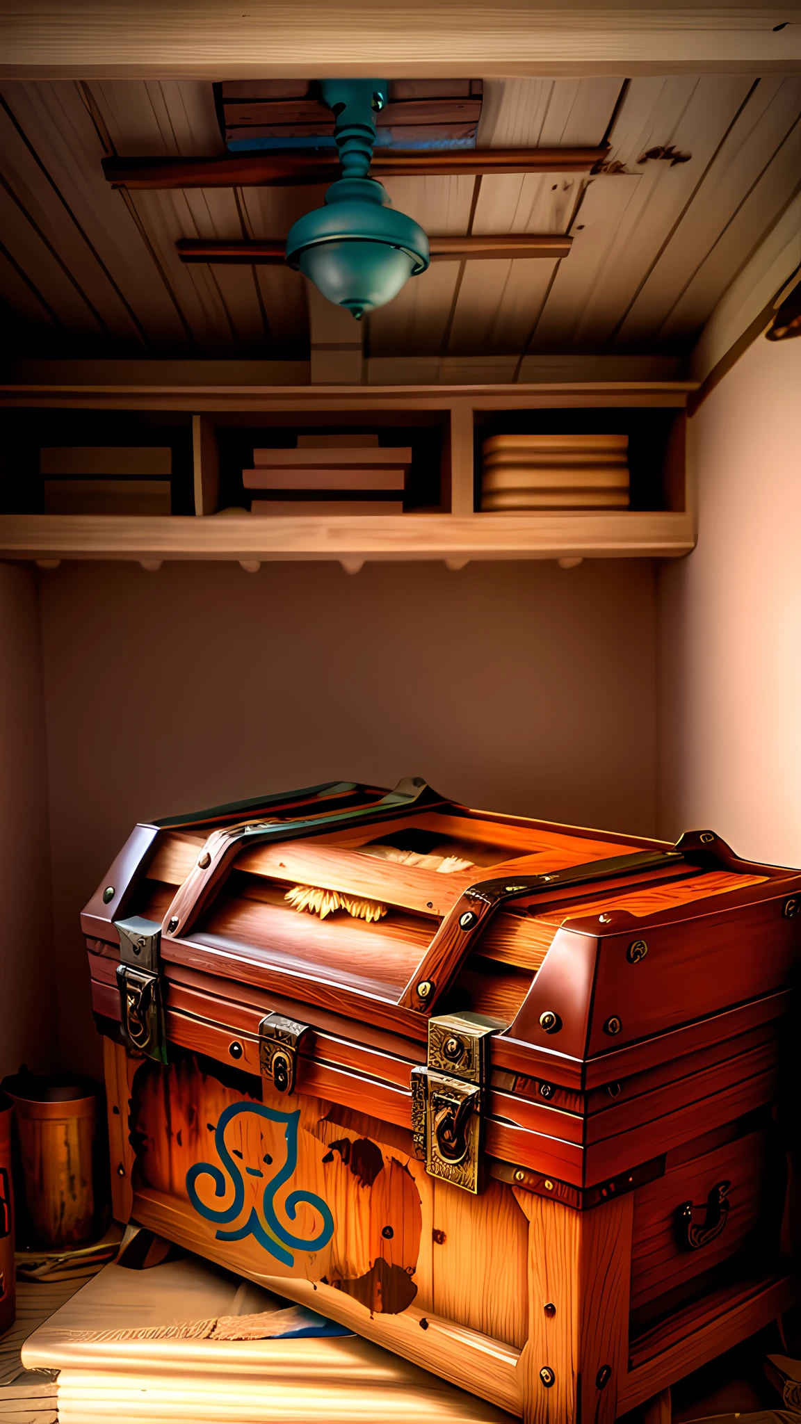 A wooden chest in an abandoned, dusty room with dimly lit