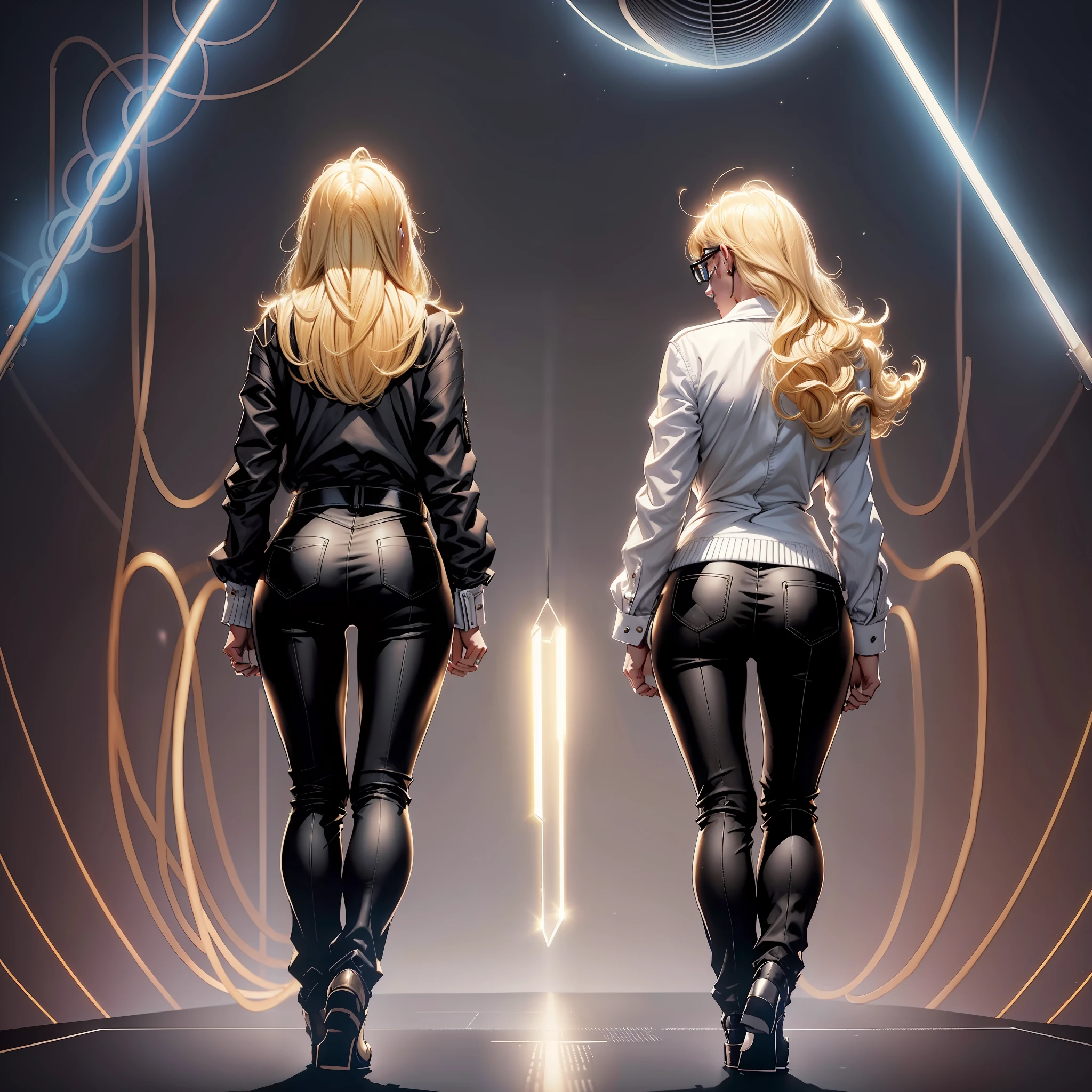 beautiful women,blonde,wears glasses,scientist clothes,black pants,black shoes,angle of back,the light is coming from behind her illuminating her,white background --seed4043214799