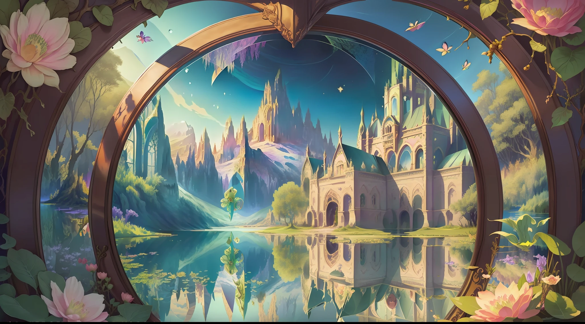Tale the Frog and the Scorpion ((Lake: 1.5)) , ((Inside a Mirror: 1.6)) Floral and Colored Mirror Vectors, (((Vibrant Colors: 1.5)) ((Fairy Tales)) , Day (((Fantasy)), ((Book Cover Model)) ((Fairytale Landscape))