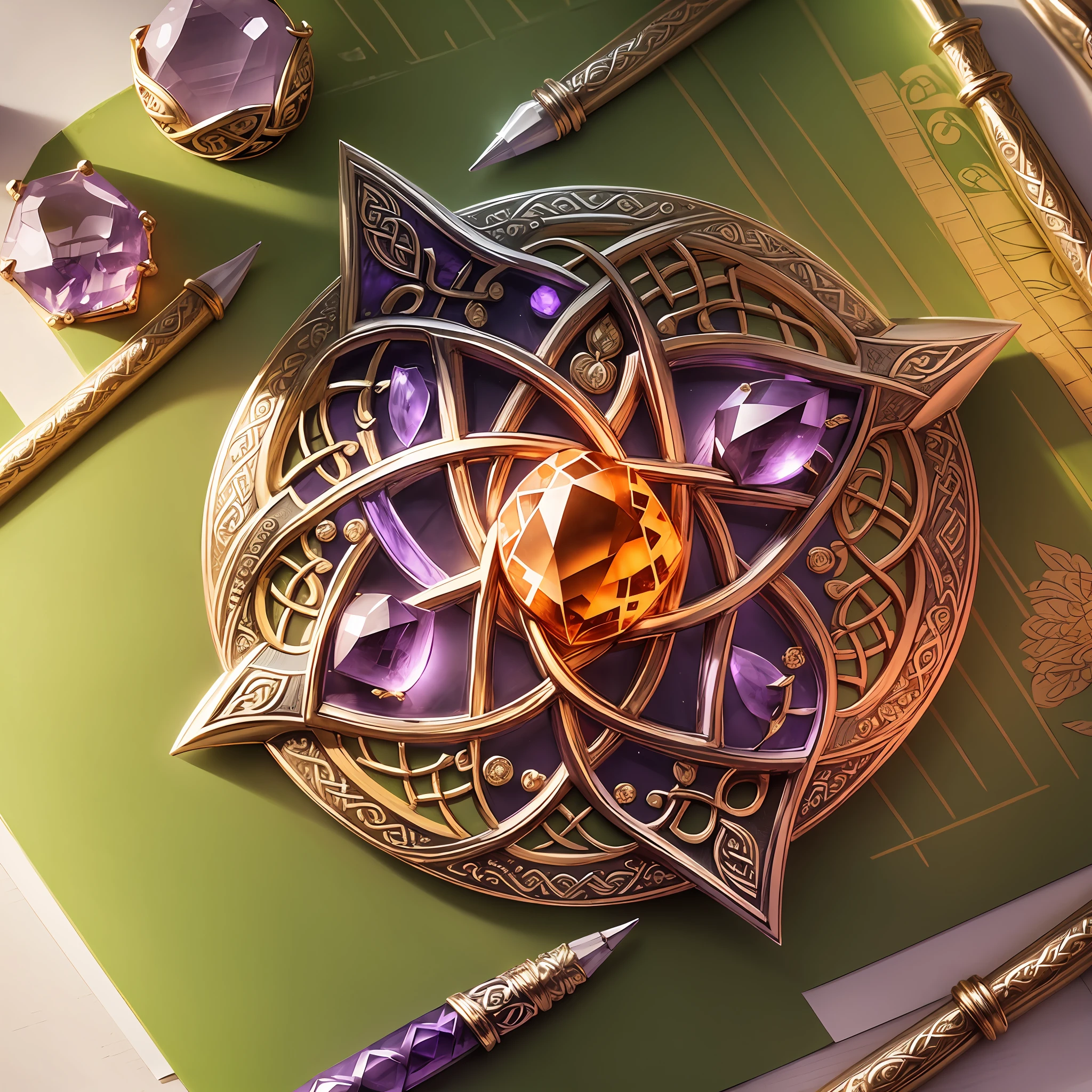 Drawing of Celtic knot jewelry, without any characters, orange gemstones, silver and amethyst in the middle, jewelry design, detailed sketches, amethyst stained glass, complex designs, detailed pencils, detailed fanart, highly detailed sketches, color sketches, intricate detail illustrations, Celtic knots, complex designs, detailed filigree, Celtic art style 00 --auto --s2