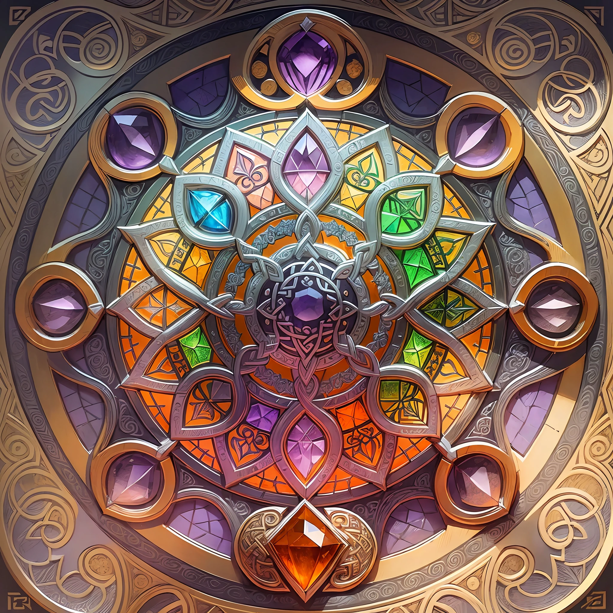 Drawing of Celtic knot jewelry, without any characters, orange gemstones, silver and amethyst in the middle, jewelry design, detailed sketches, amethyst stained glass, complex designs, detailed pencils, detailed fanart, highly detailed sketches, color sketches, intricate detail illustrations, Celtic knots, complex designs, detailed filigree, Celtic art style 00 --auto --s2