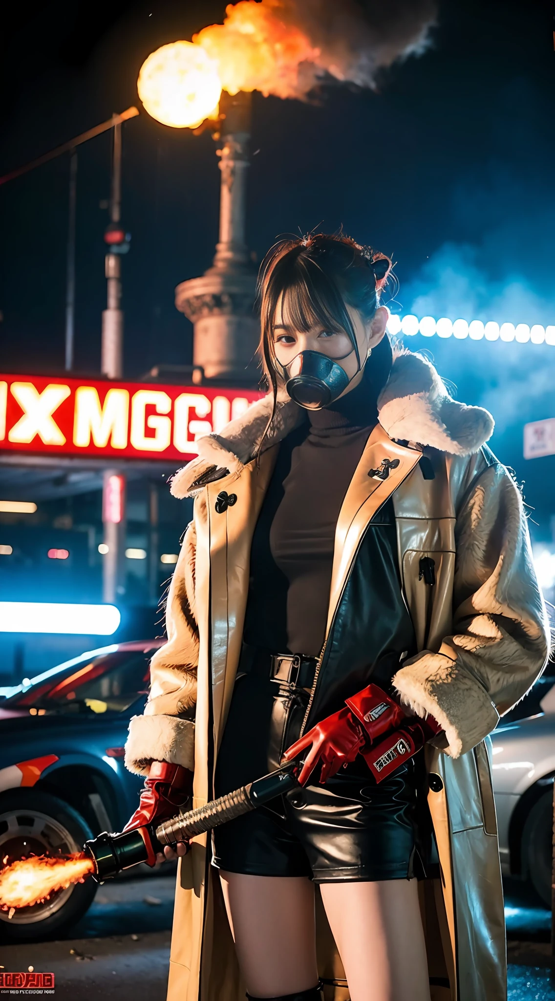 Burning with a flamethrower, dictator, tattoo of a large dragon, tattoo all over the body, glowing headgear, gas mask, rooftop, huge background holding neon signs, leather gloves, boots, Japan swords, baseball armor, fur coat,