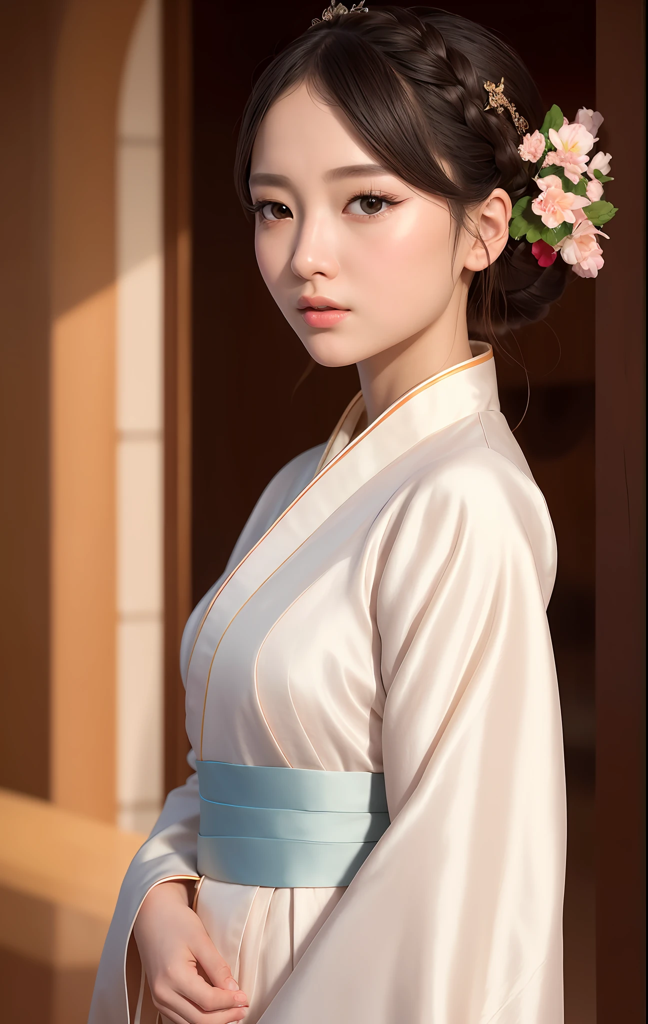 Best quality, masterpiece, illustration, very delicate and beautiful, highly detailed, CG, unification, 8k wallpaper, amazing, elaborate detail, masterpiece, best quality, official art, highly detailed CG unity 8k wallpaper, ridiculous, incredibly ridiculous, huge file size, super detailed, high resolution, very detailed, beautiful detailed girl, very detailed eyes and face, beautiful detailed eyes, face light , (Hanfu:1.1), 1 girl