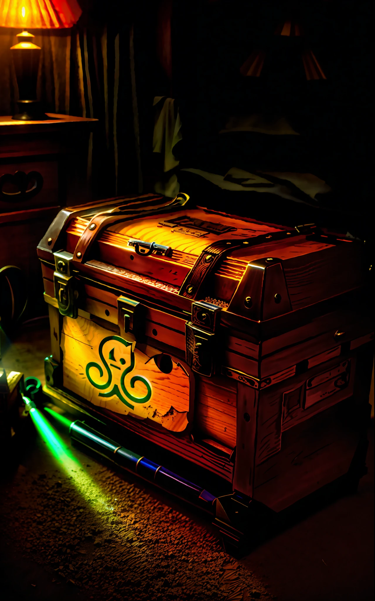A wooden chest, in a dark room, low lighting, beam of light with dust, old room, lots of dirt