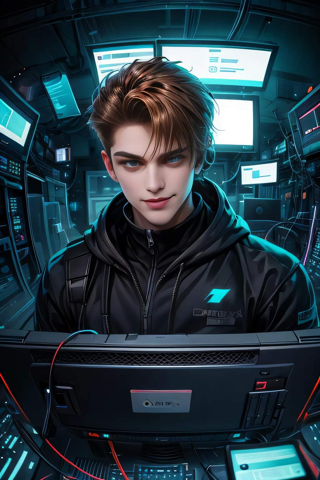 (Absurdres, Intricate Details, Masterpiece, Best Quality, High Resolution, 8k), 1 male, swedish, mature, aged up, handsome, finely detailed eyes and face, brown quiff hair, teal eyes, looking at viewer, solo, (full body:0.6), detailed background, detailed face, (CircuitBoardAI, electronic theme:1.1) evil high-tech futuristic hacker, smirk, advanced technology, hoodie, techwear, keycard, cables, (holographic display:1.05), error message, computer, password, server room in background, orange lights, cyber-warfare, dark sinister atmosphere, Depth of Field, VFX.