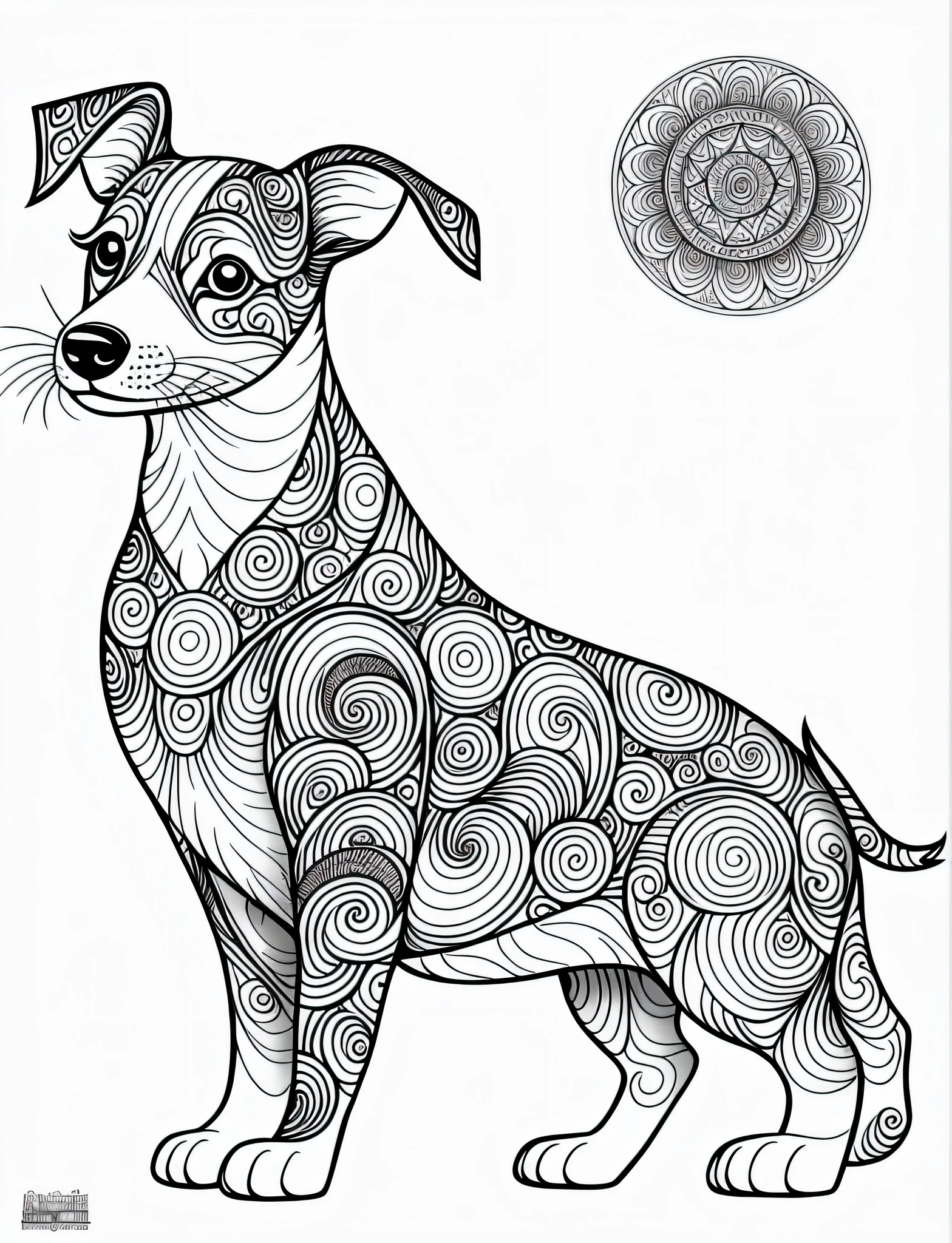 a Jack Russell Terrier style dog, fantasy, magical, mandala, happy, black and white, wavy lines, realistic line art drawing, coloring book page, no noise, sharp thick lines, contour art, centered image, isolated on a white background