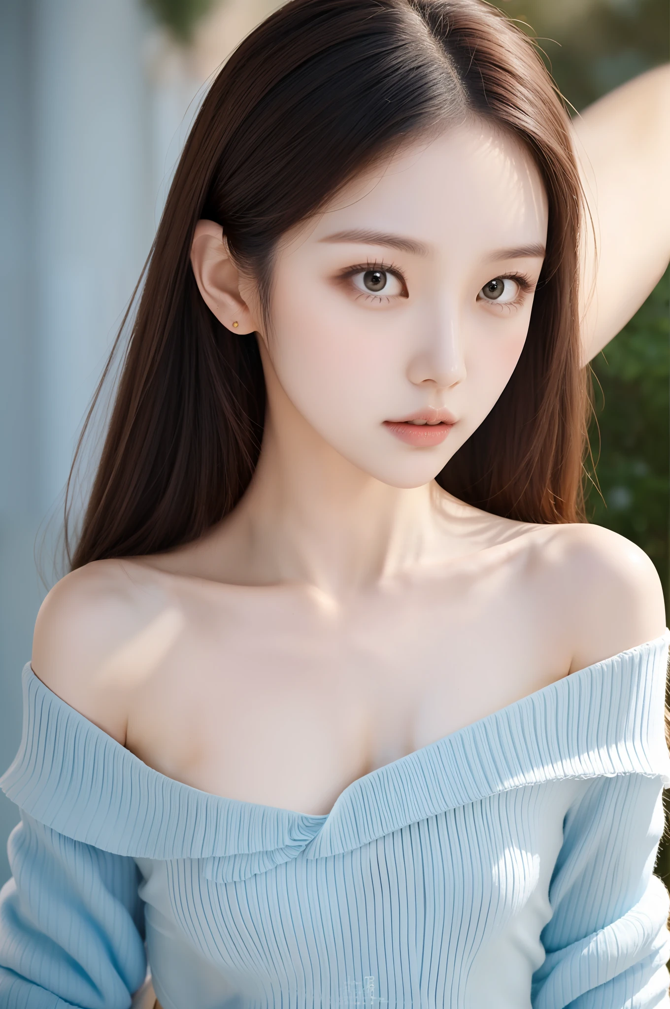 Fashion trendy beautiful and charming woman, gentle and charming Chinese beautiful woman, Korean(kpop-idol), delicate and sexy collarbone, charming oval face, double eyelids, smart peach blossom eyes, pink lips, small nose, bare shoulders, focus on the face, close-up of the face, Ultra-high-definition, super-detailed, the ((loose)), white off-the-shoulder shirt perfectly echoes the light blue high slit miniskirt, fresh and impressive, Natural(medium breasts:1.25), (nsfw:1.2)