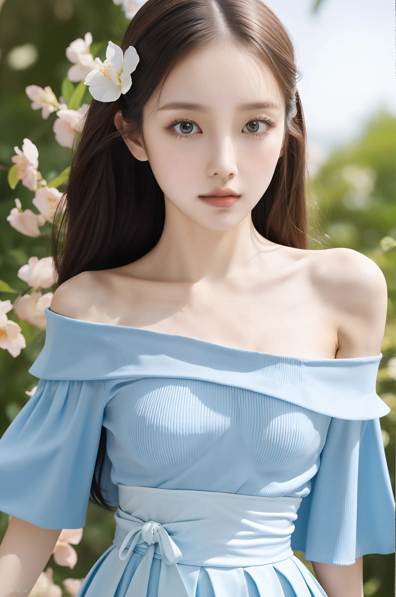 Fashion trendy beautiful and charming woman, gentle and charming Chinese beautiful woman, Korean(kpop-idol), delicate and sexy collarbone, charming oval face, double eyelids, smart peach blossom eyes, pink lips, small nose, bare shoulders, focus on the face, close-up of the face, Ultra-high-definition, super-detailed, the ((loose)), white off-the-shoulder shirt perfectly echoes the light blue high slit miniskirt, fresh and impressive, Natural(medium breasts:1.25), (nsfw:1.2)