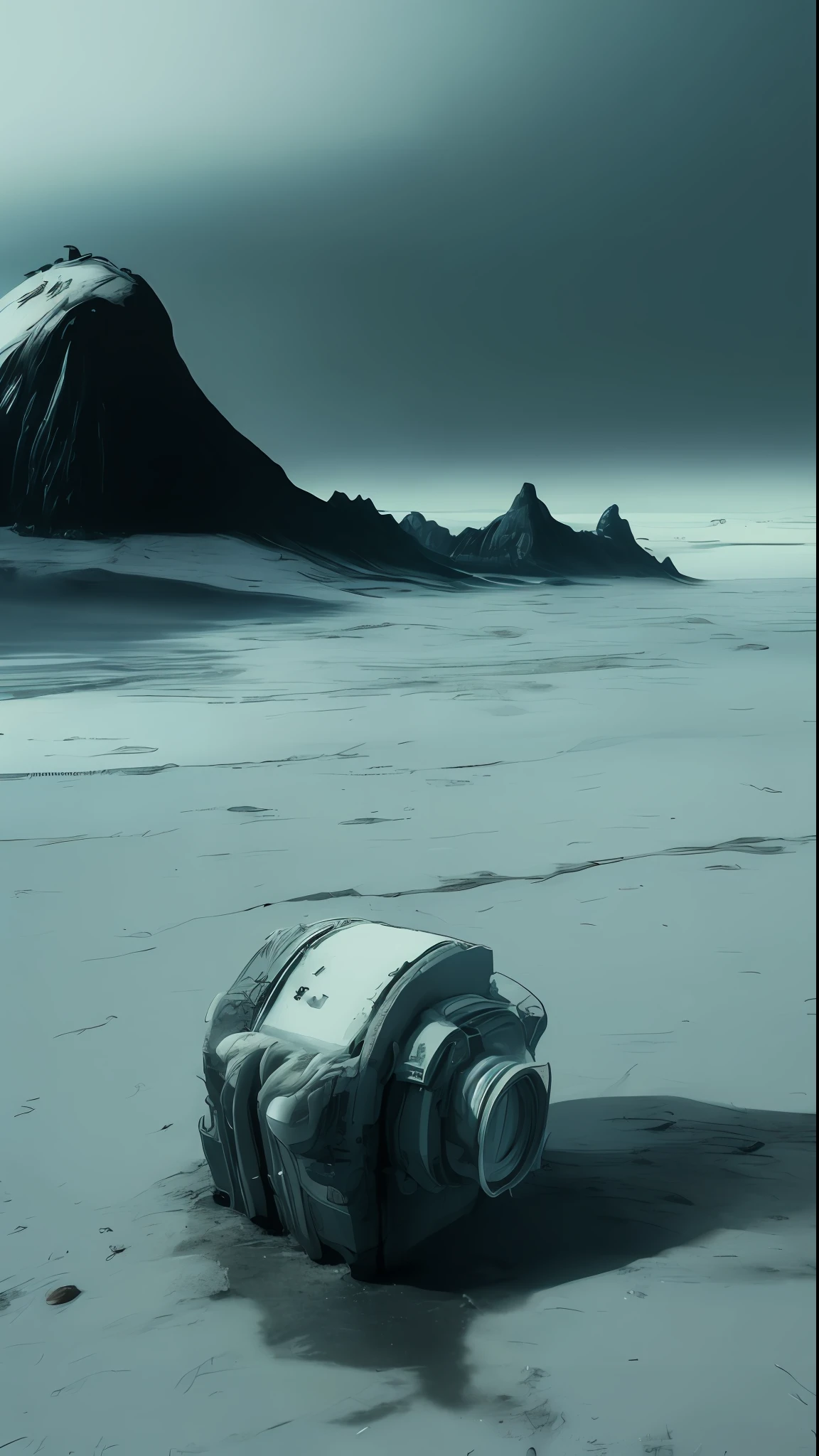 The camera is positioned in space, looking down on a dying Earth. The shot is captured using a high-resolution digital camera with a wide-angle lens, emphasizing the vastness and emptiness of space. The shot is treated with a gritty, high-contrast film look that adds to the stark and bleak atmosphere. The overall effect is inspired by the post-apocalyptic style of sci-fi artist Simon Stlenhag and documentary photographer Sebastio Salgado