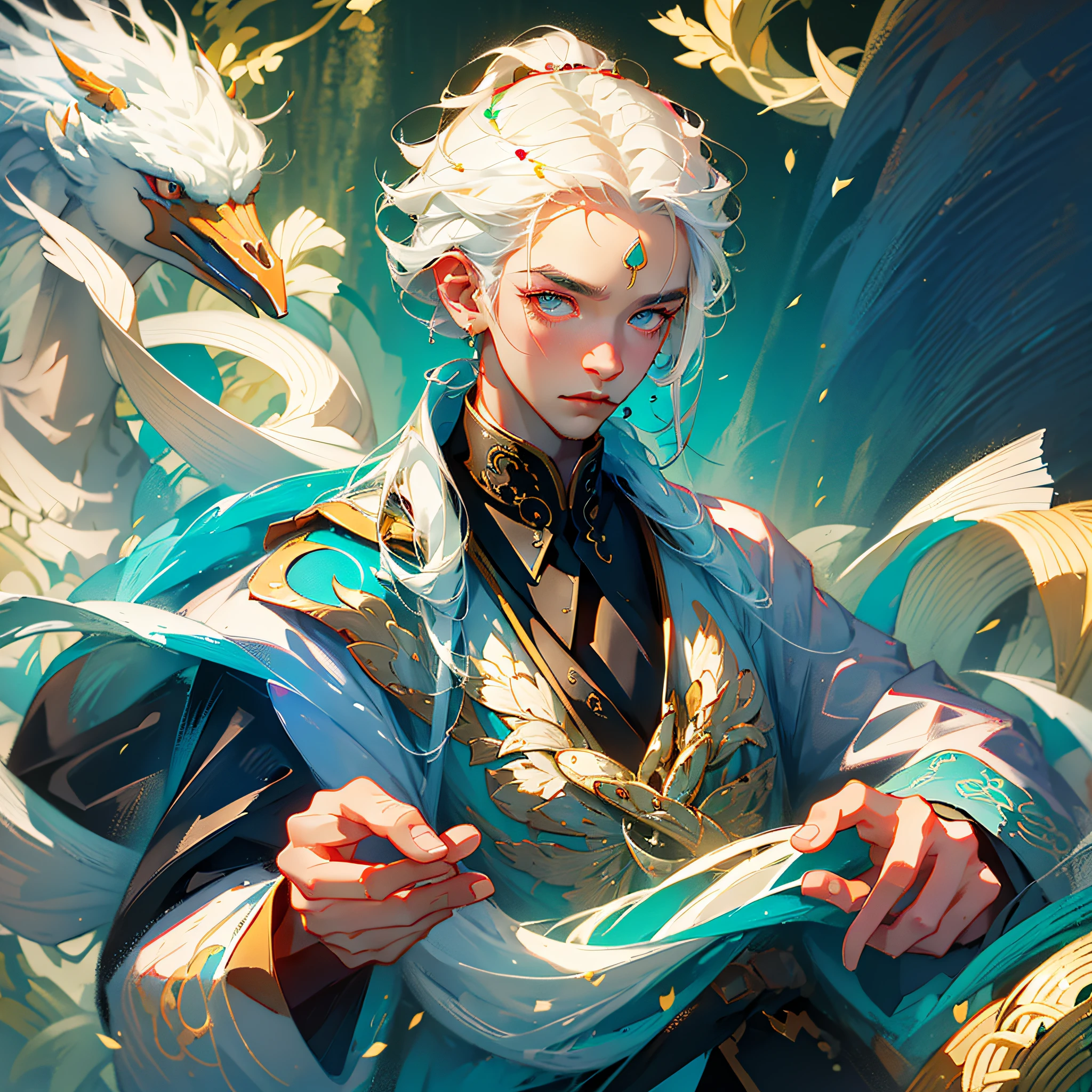 A young man with white hair and golden eyes, wearing a Chinese antique clothes, facing the viewer, the background is blue lake with storks and fish, illustration, masterpiece, UHD, high details, high quality, best quality, 4K --auto --s2
