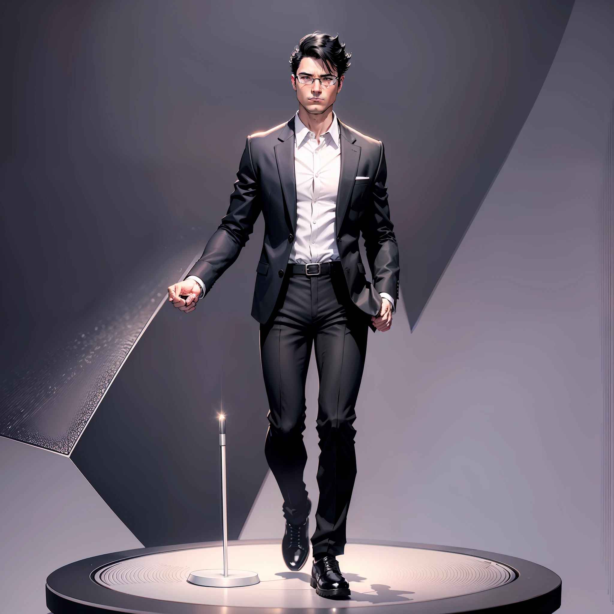 black hair man,macro,nerd,scientist outfit,black pants,black shoe,full body,white background