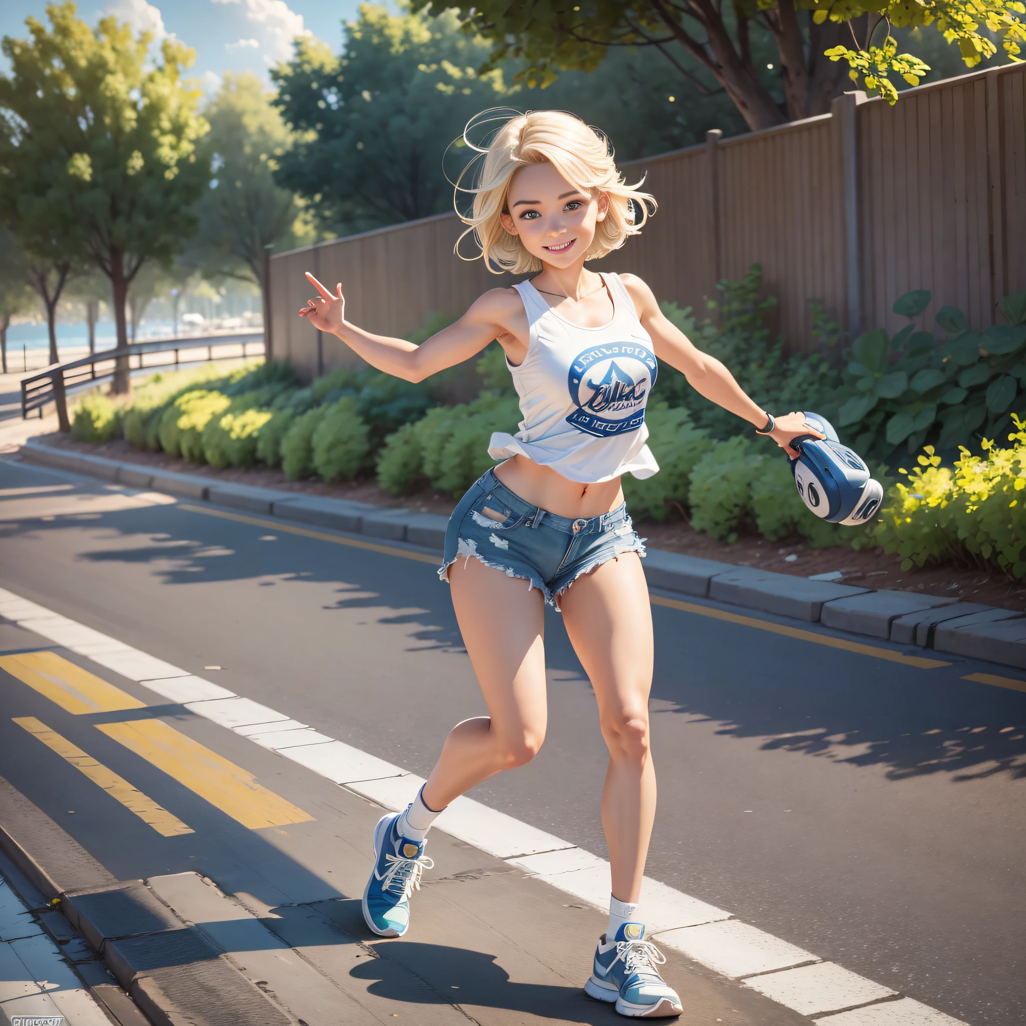 {masterpiece, best quality, extremely detailed CG, unity 8k wallpaper, cinematic lighting}}. design art, A seaside park, 1 girl, full body, A beautiful girl running on an electric scooter, She is stunningly cute, with a smile, short bob hairstyle in golden blonde, blue eyes, double eyelids, long eyelashes, long limbs, She is wearing a white tank top, distressed denim shorts, and white low-cut basketball shoes. Striking an active pose.