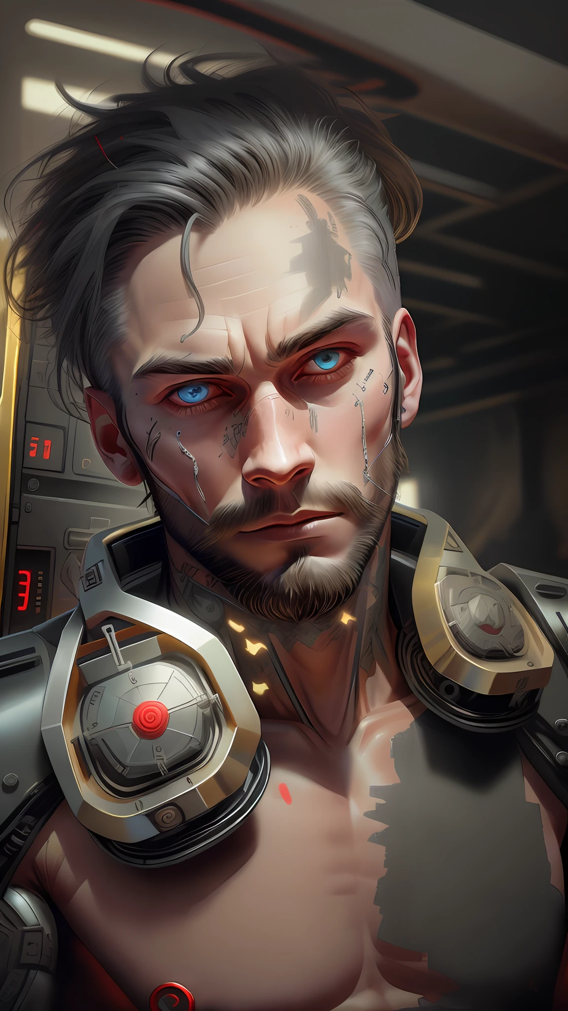 A cybernetic viking man in the range of 27 years old, barbaric muscular stereotype, with Viking wolf fur coat (Viking mechanical parts: 1.5), fighting, bright neon eyes, Nordic hair, tight supersuit torn, in a destroyed city, smoke and fire, aura of brilliant power, dynamic pose, dynamic vision, hyper detailed, quality 8k, with tattoo on the arm,  Clock of thorns on the chest and on the headset, merge, hyper realism, with thorns crest viking.Com gray goatee and gray hair, blood dripping down the face. Neo bright, neo lights on the phone, scar on the face