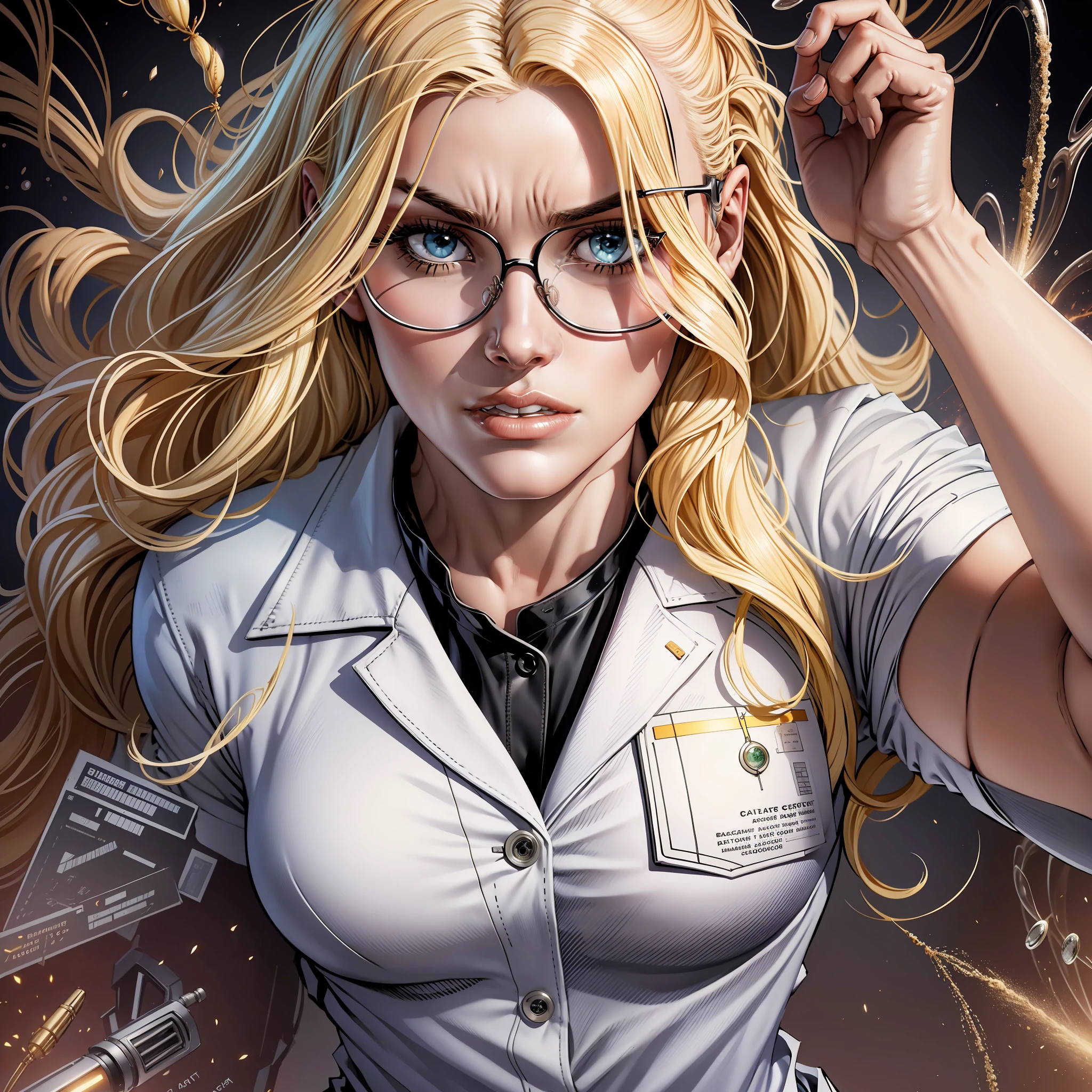 beautiful women,blonde,wears glasses,white scientist outfit,black pants,black shoe,close-up on face,anger expression,backdrop --seed1521632936