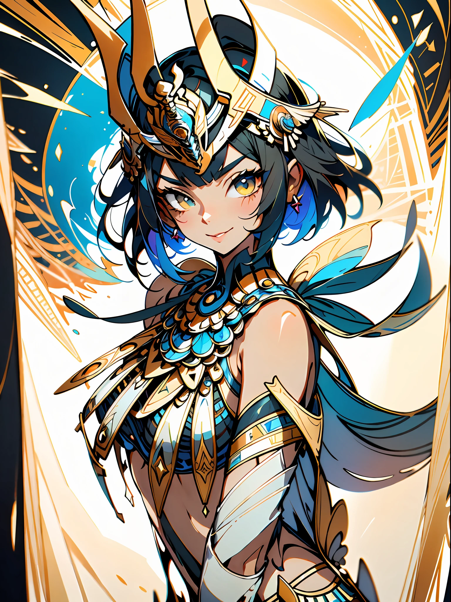 Egyptian warrior with tiny and colorful clothes, full body, sensual, mischievous smile, short black hair