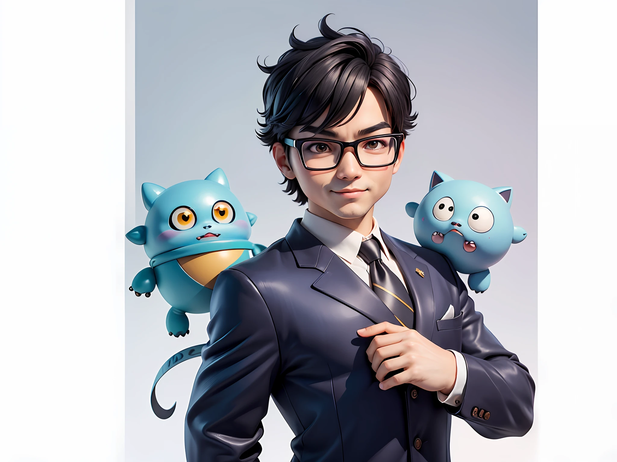 Masterpiece), (Excellent), (Super Meticulous), (Full Body: 1.2), Super Young Woman, Beautiful, Sexy, Bursting, Oriental Face, TV Anchor, Bust Portrait Illustration, Alone, Black Suit, Blue Tie, Silver Glasses, Slightly Chubby Face, Very Clean Face, No Beard, Black Super Short Hair, Black Eyes, Confident Smile, 3c Computer Sub-Products, iPad, iPhone, Digital Painting, 3D Character Design by Akira Toriyama with Mark Claireden and Pixar and Hayao Miyazaki, The illustration is a high-definition illustration in 4K resolution with very detailed facial features and cartoon-style visuals.